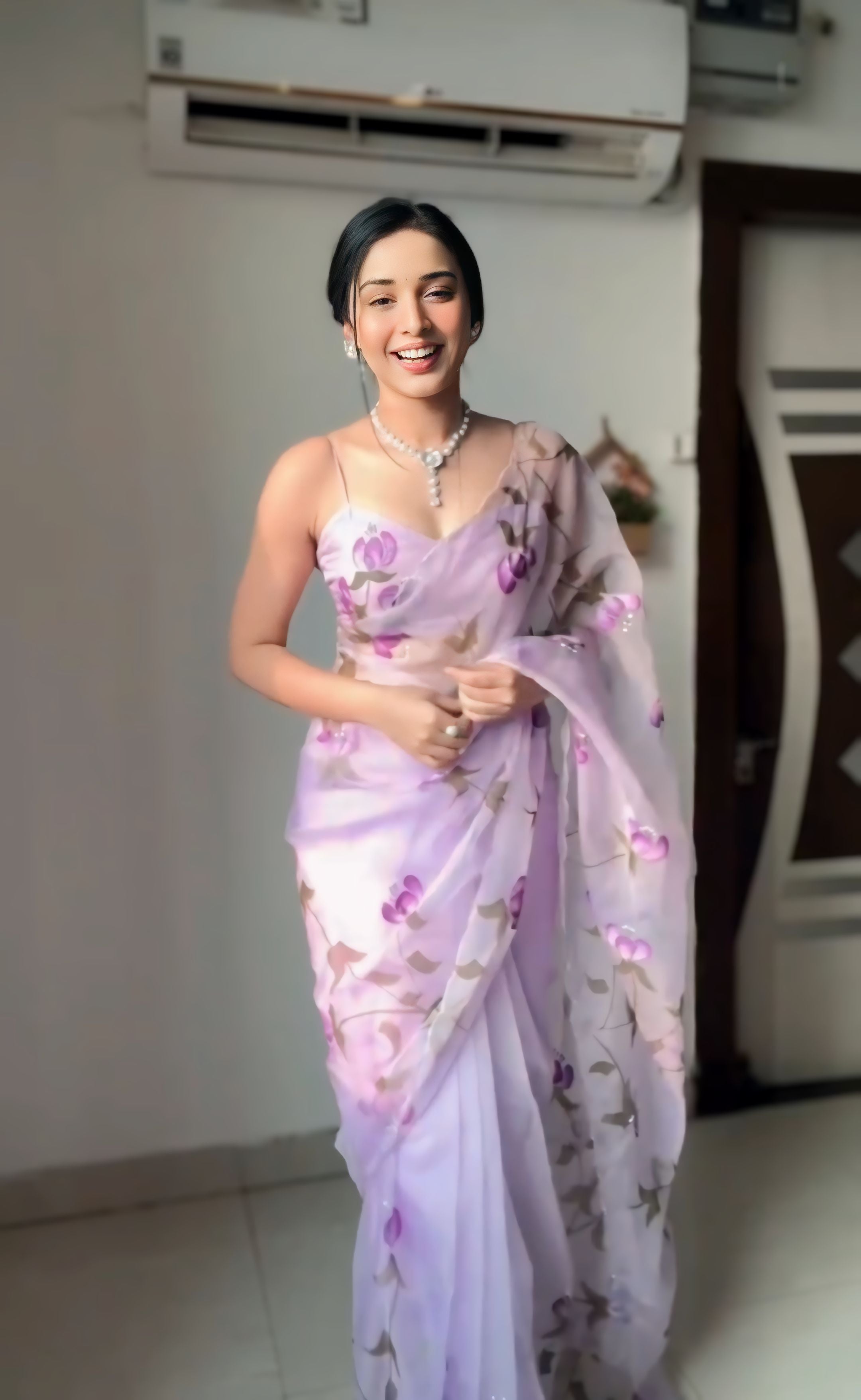 1-Minute Ready To Wear Lavender Organza Silk Saree With Unstitched Blouse.