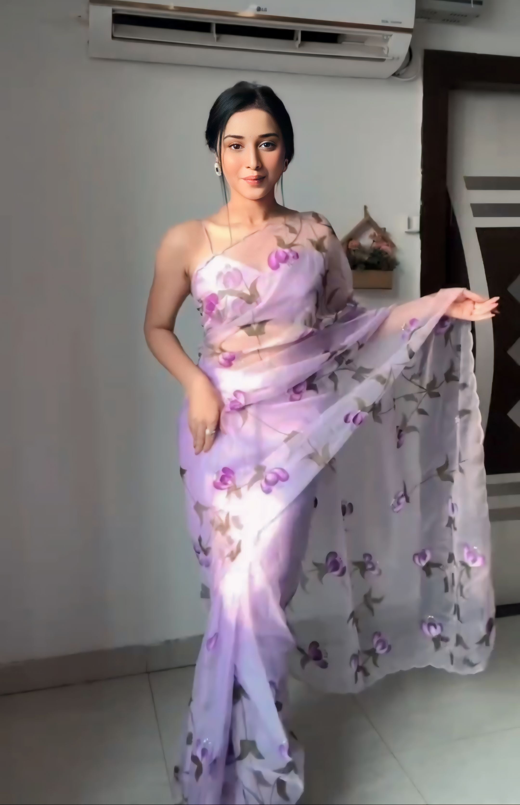 1-Minute Ready To Wear Lavender Organza Silk Saree With Unstitched Blouse.