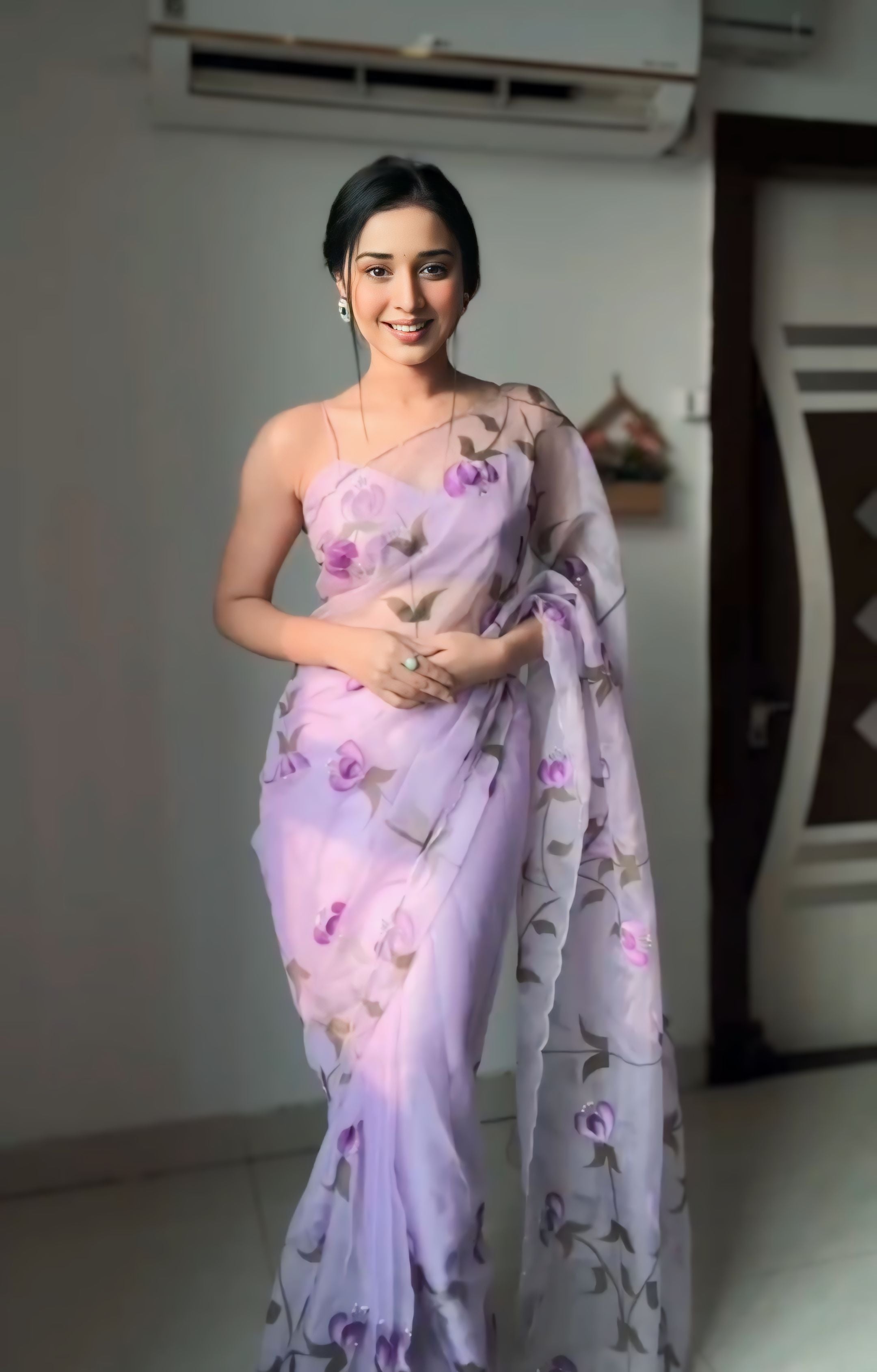 1-Minute Ready To Wear Lavender Organza Silk Saree With Unstitched Blouse.