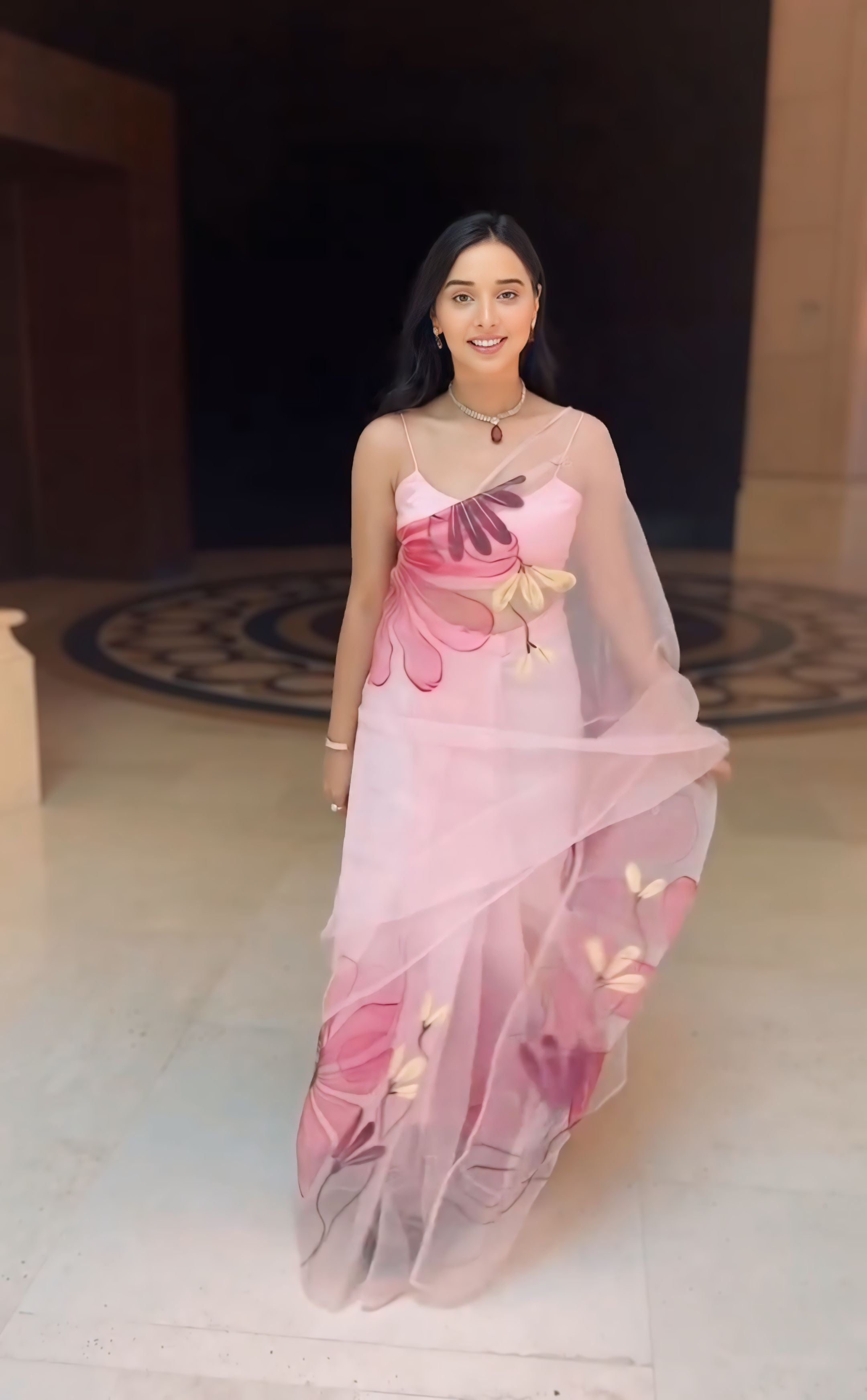 1-Minute Ready To Wear Baby Pink Organza Silk Saree With Unstitched Blouse.