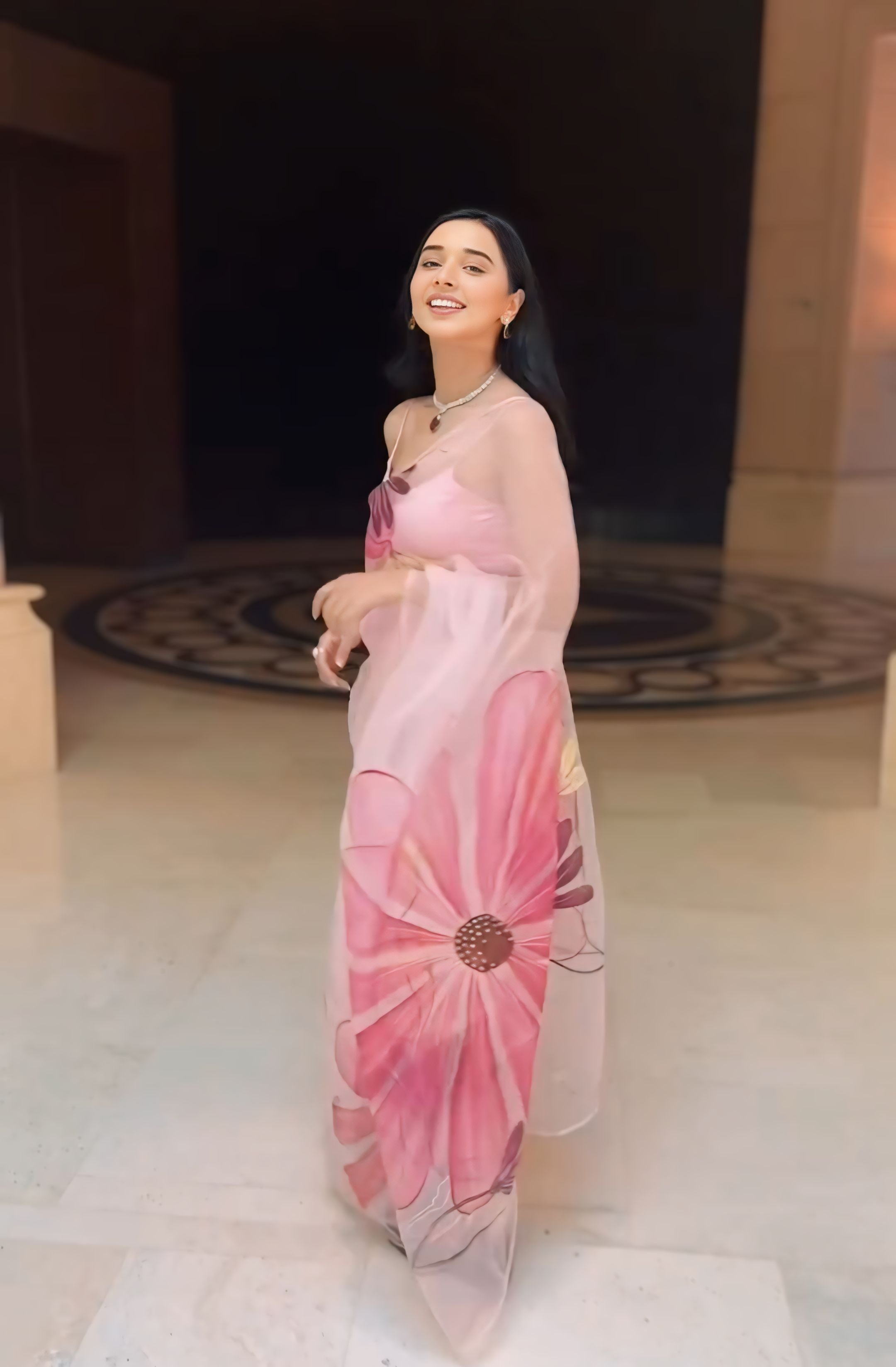 1-Minute Ready To Wear Baby Pink Organza Silk Saree With Unstitched Blouse.