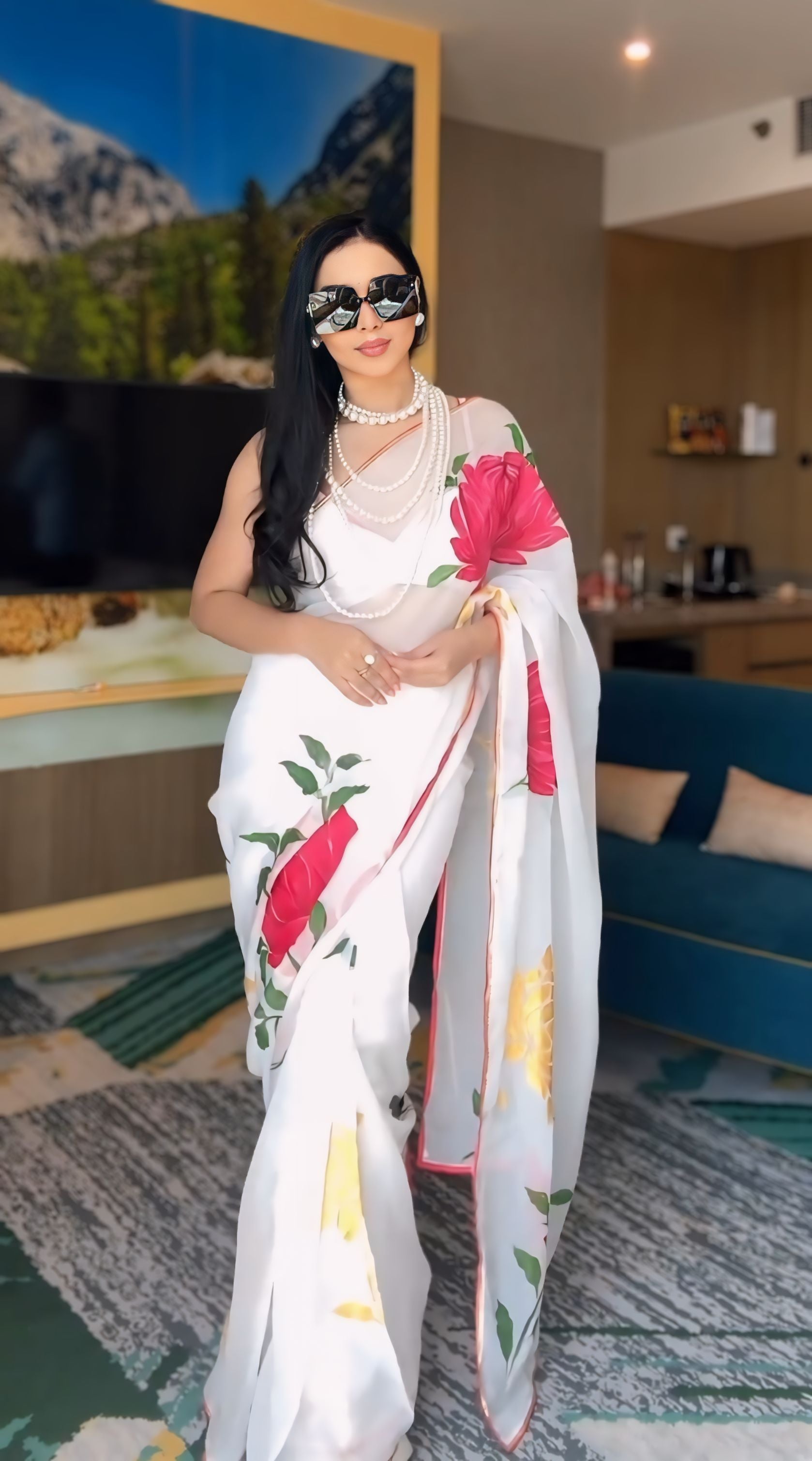 1-Minute Ready To Wear White Georgette Saree With Unstitched Blouse.