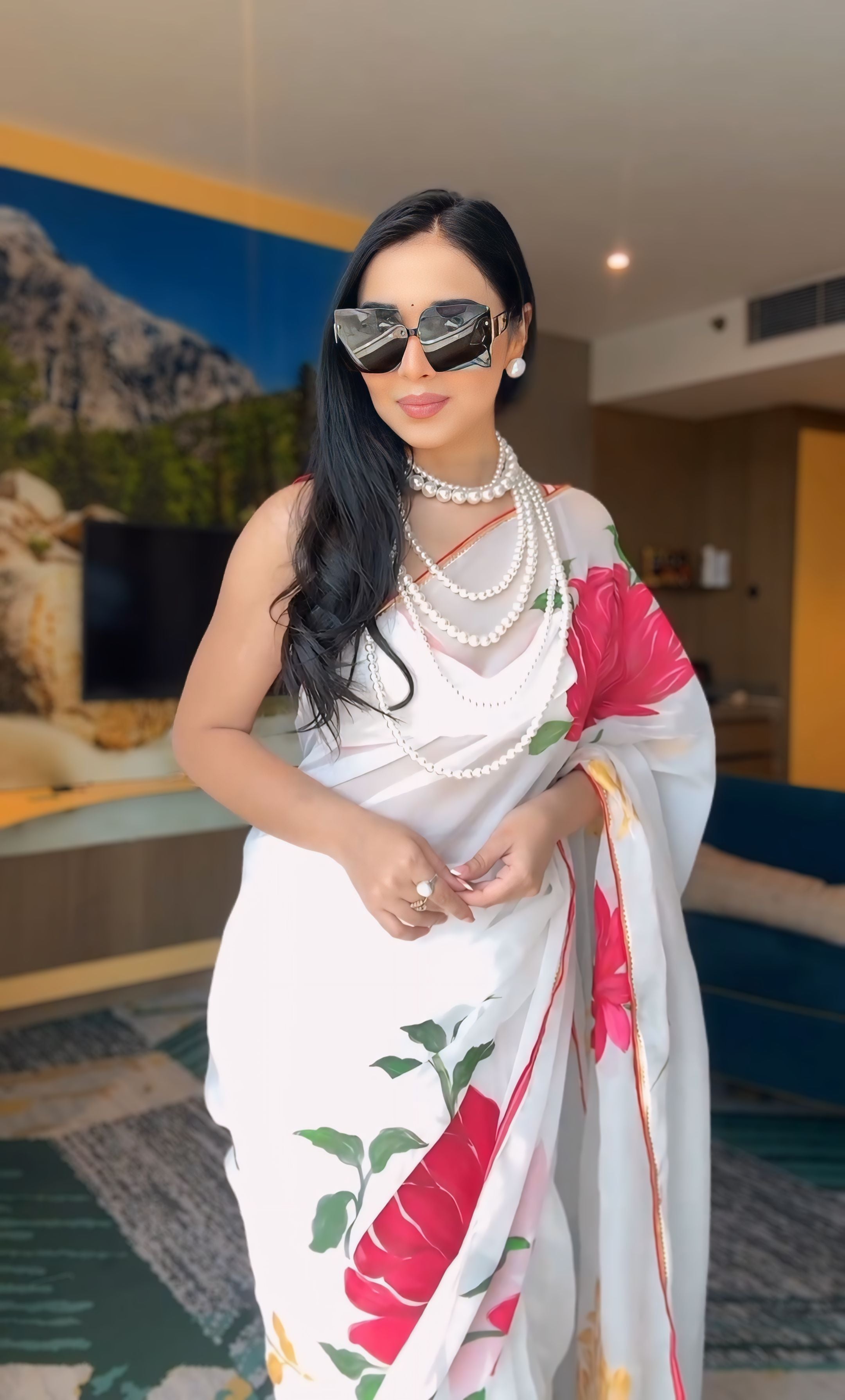 1-Minute Ready To Wear White Georgette Saree With Unstitched Blouse.