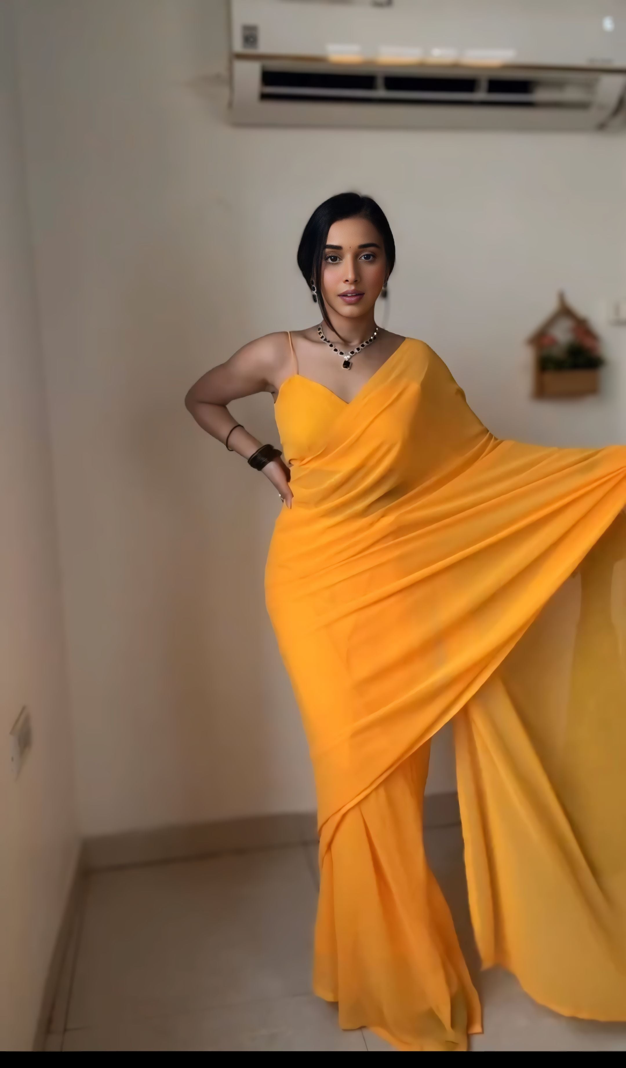 1-Minute Ready To Wear Plain Yellow saree With Unstitched Blouse.