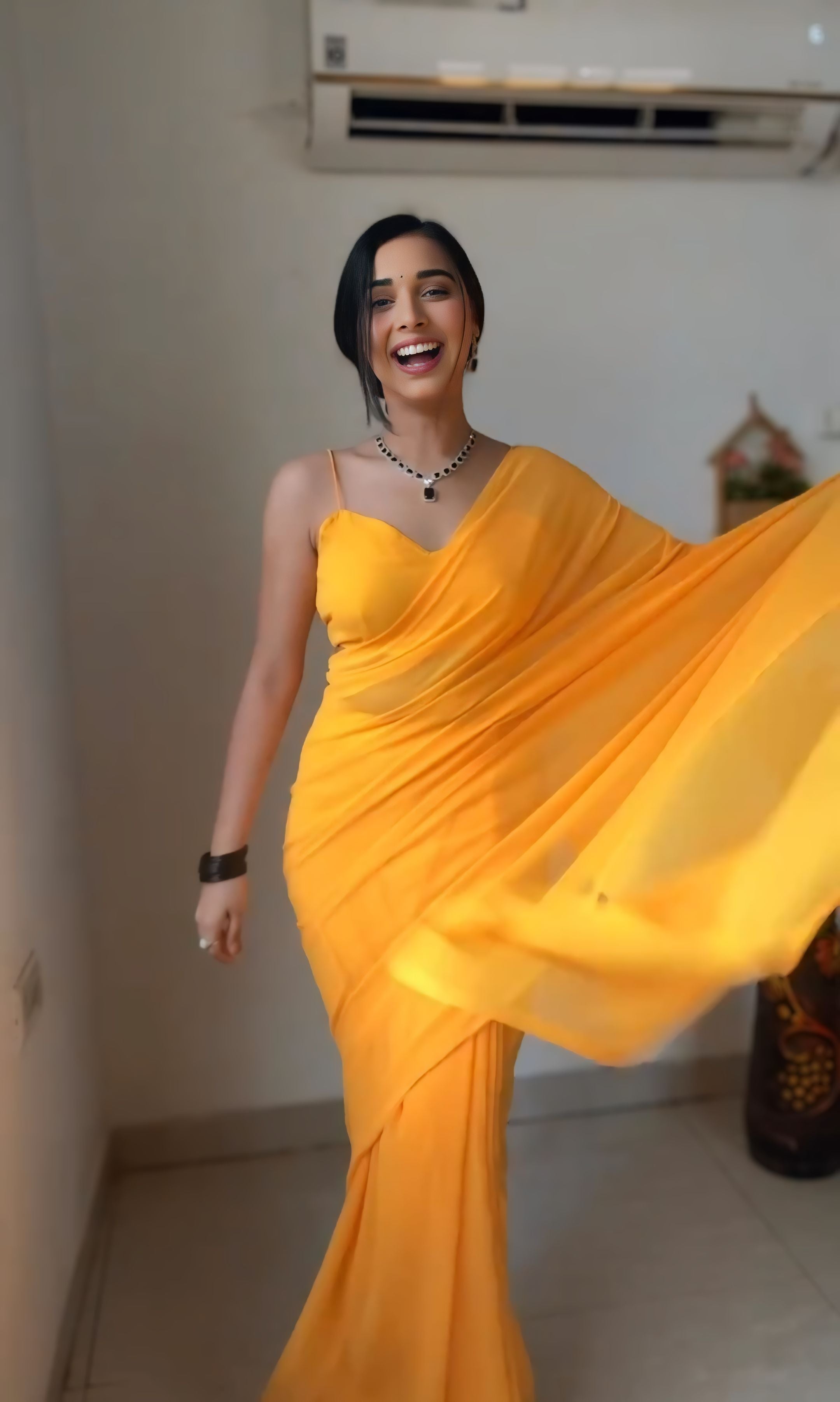 1-Minute Ready To Wear Plain Yellow saree With Unstitched Blouse.