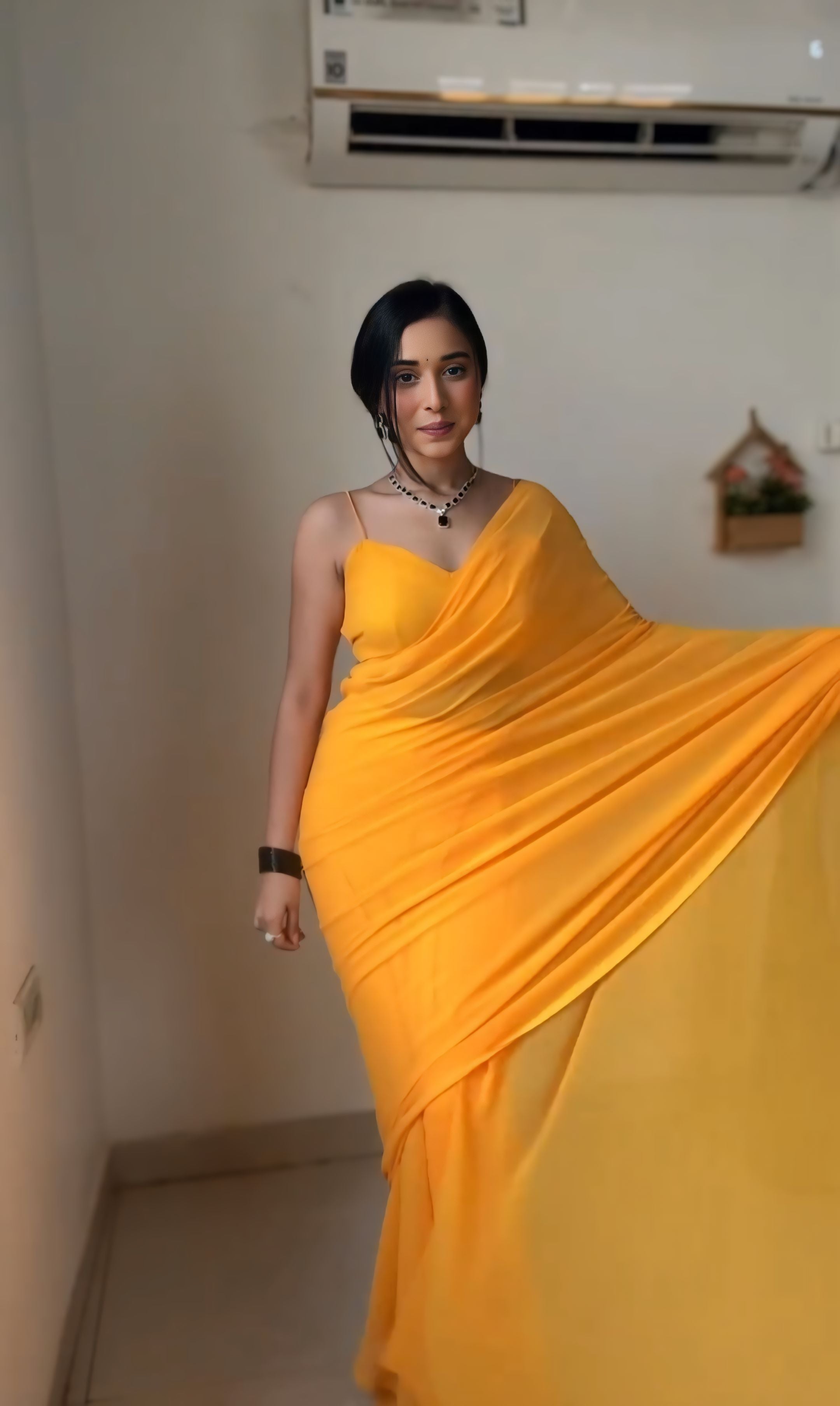 1-Minute Ready To Wear Plain Yellow saree With Unstitched Blouse.