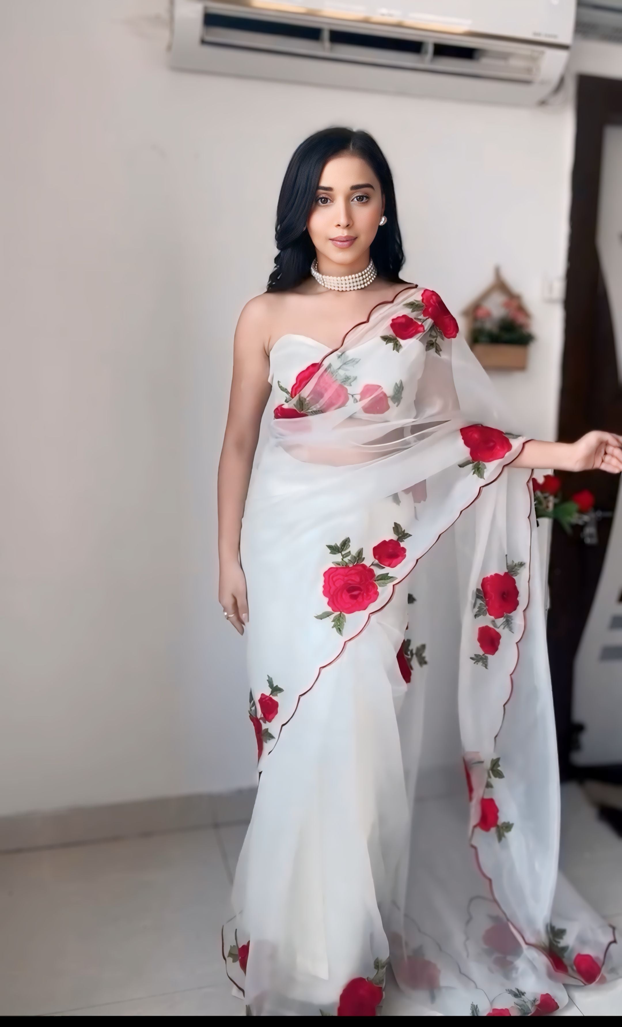 1-Minute Ready To Wear Off White Organza Silk Saree With Unstitched Blouse.