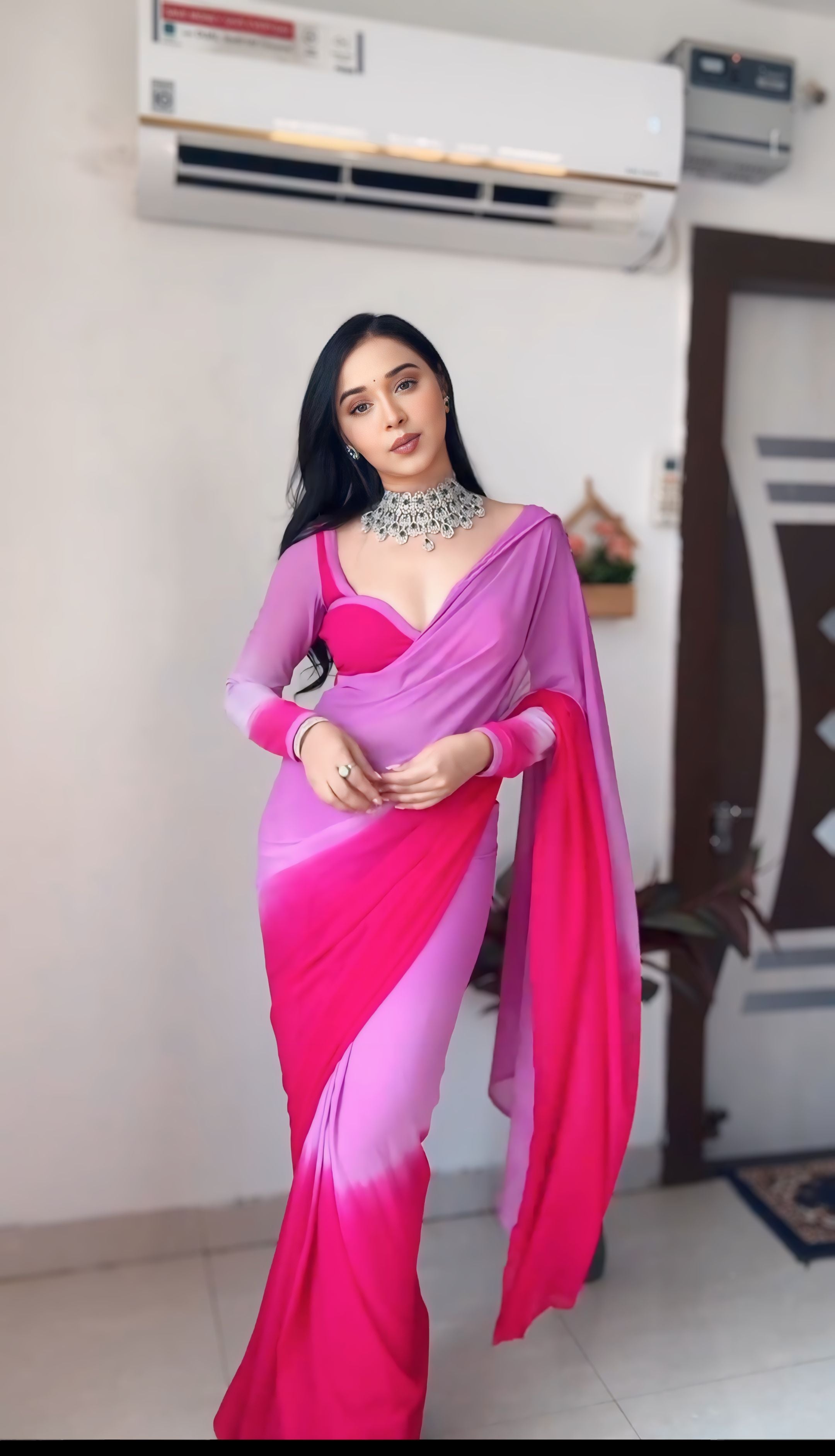 1-Minute Ready To Wear Lavender and Pink Georgette Saree With Unstitched Blouse.