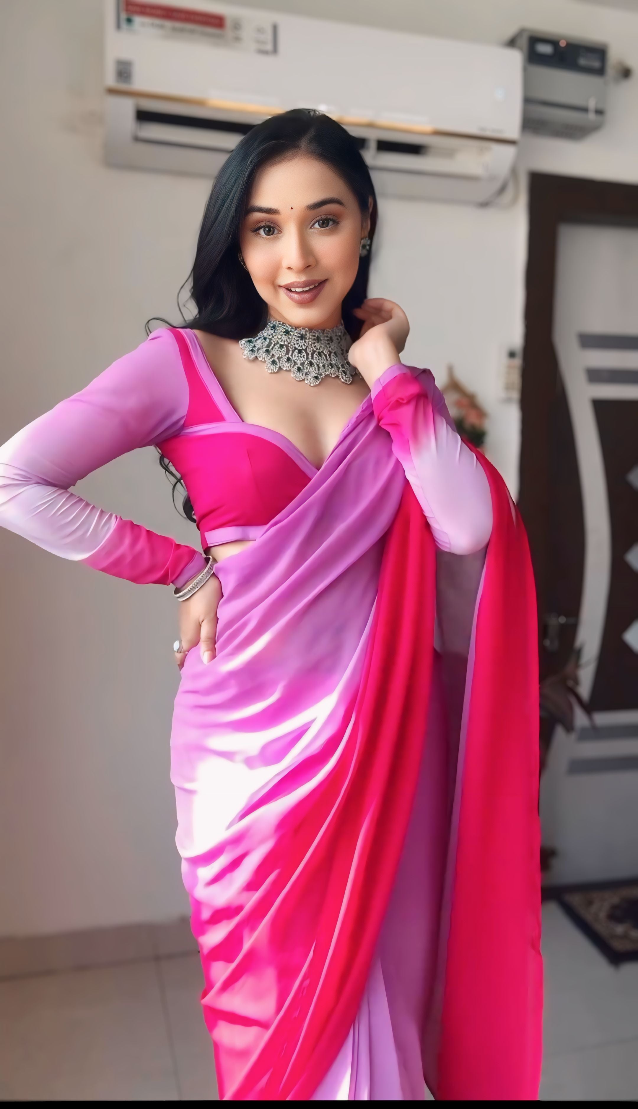 1-Minute Ready To Wear Lavender and Pink Georgette Saree With Unstitched Blouse.