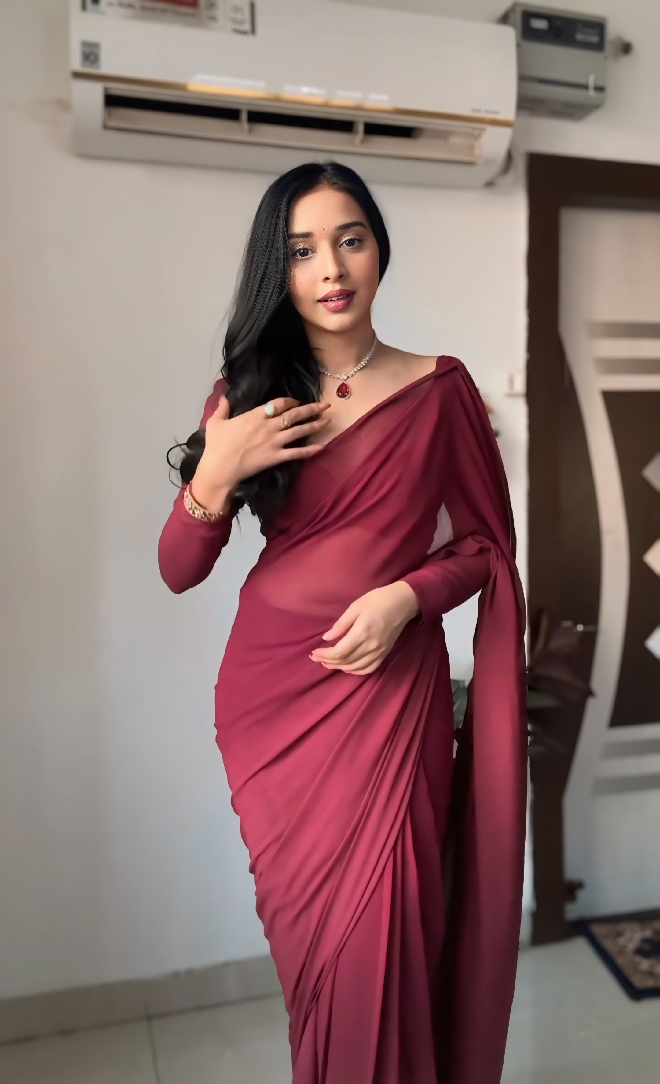 1 Minute Ready to Wear maroon Saree With Unstitched Blouse.