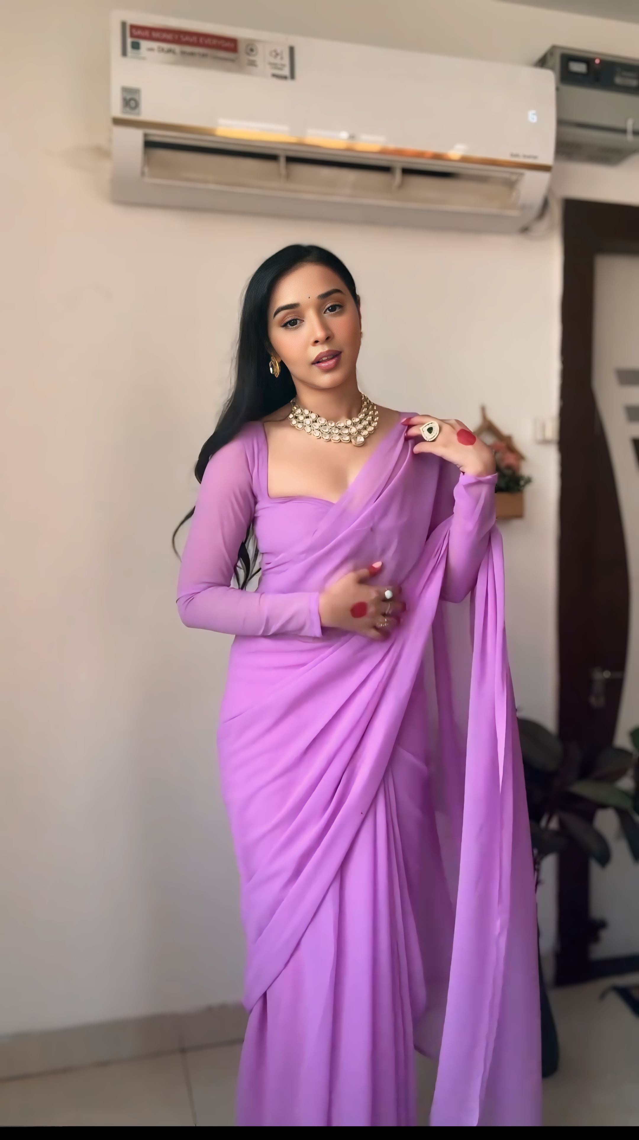 1-Minute Ready To Wear Plain Purple Saree With Unstitched Blouse.