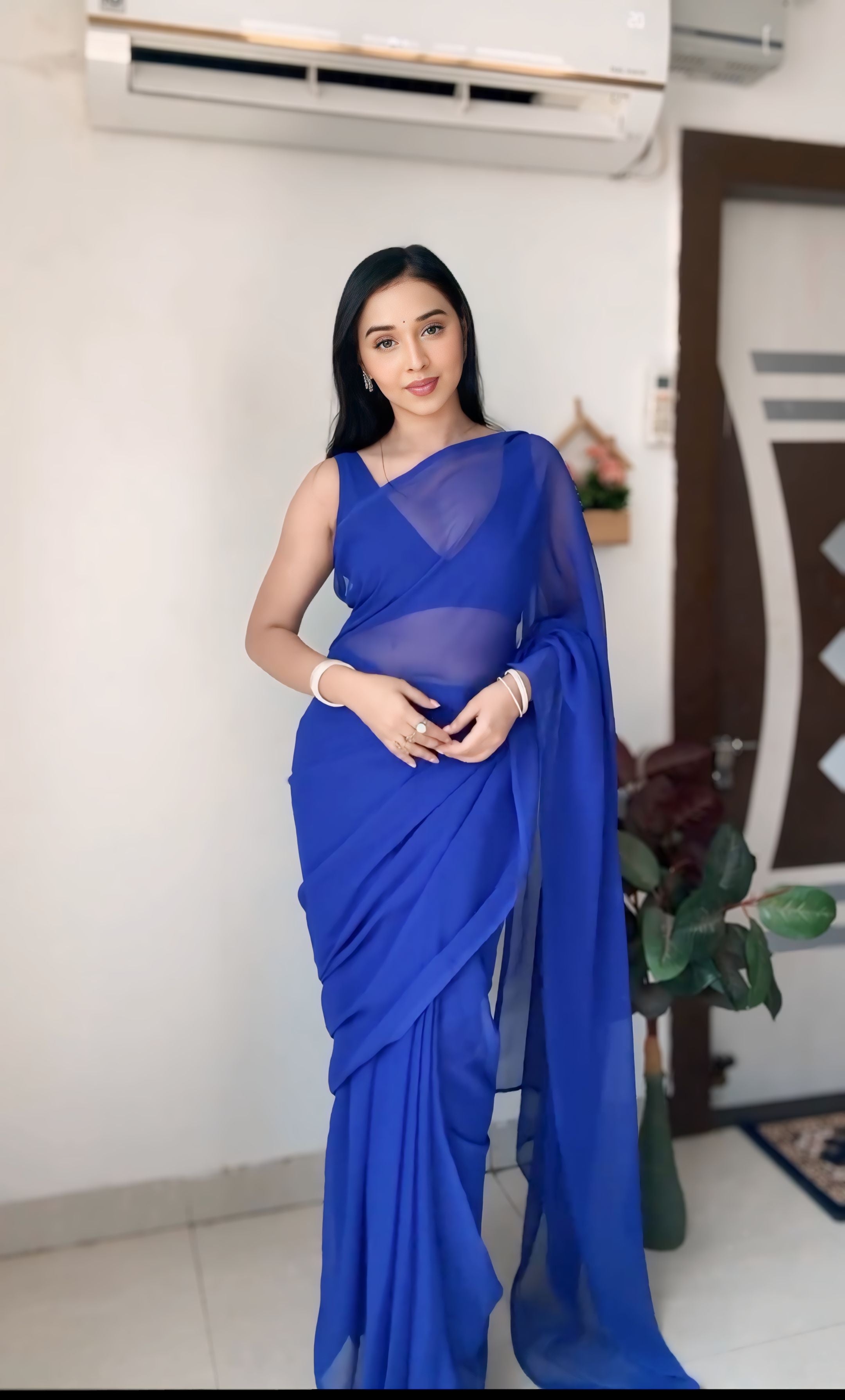 1-Minute Ready To Wear Plain Blue Saree With Unstitched Blouse.