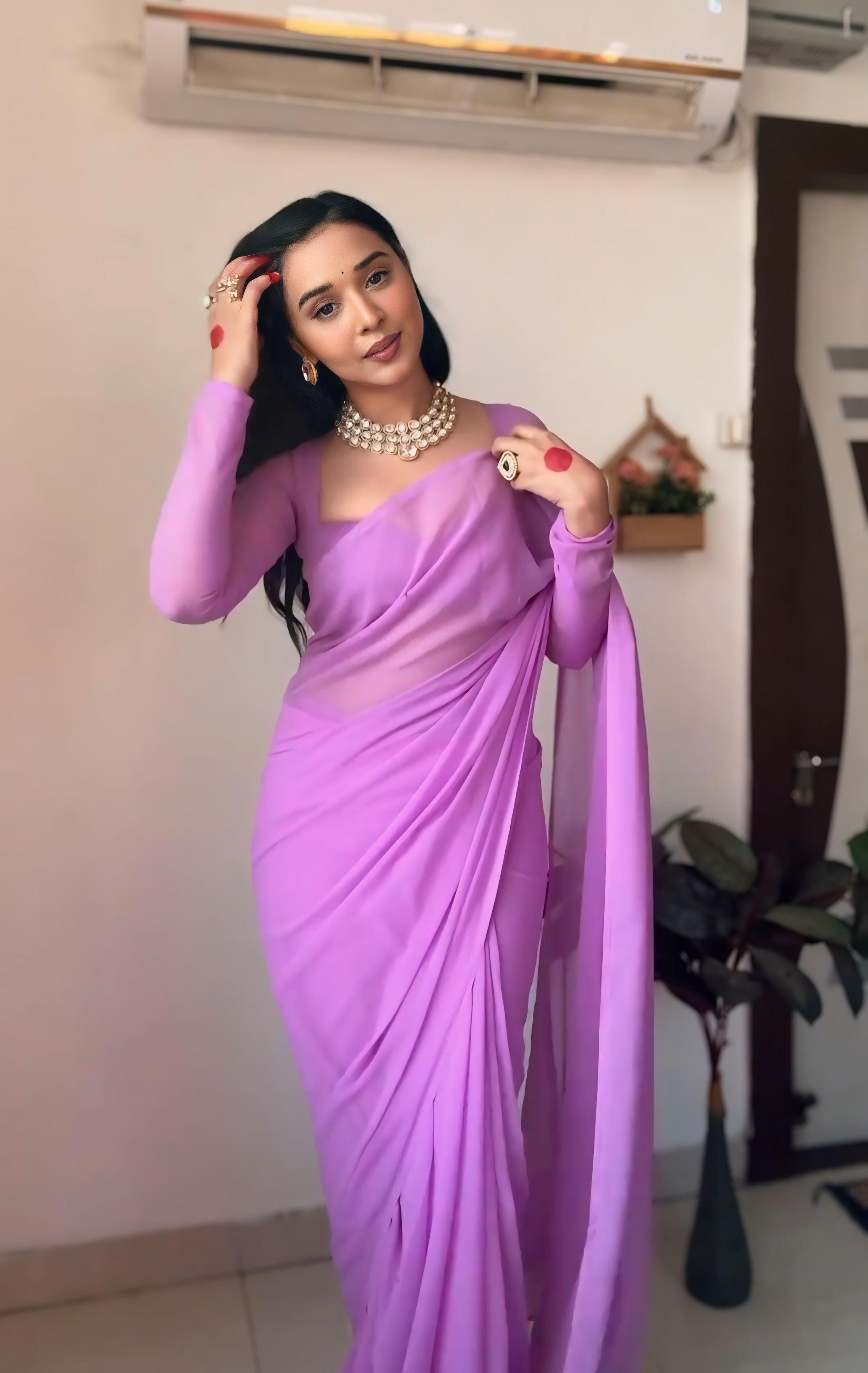 1-Minute Ready To Wear Plain Purple Saree With Unstitched Blouse.