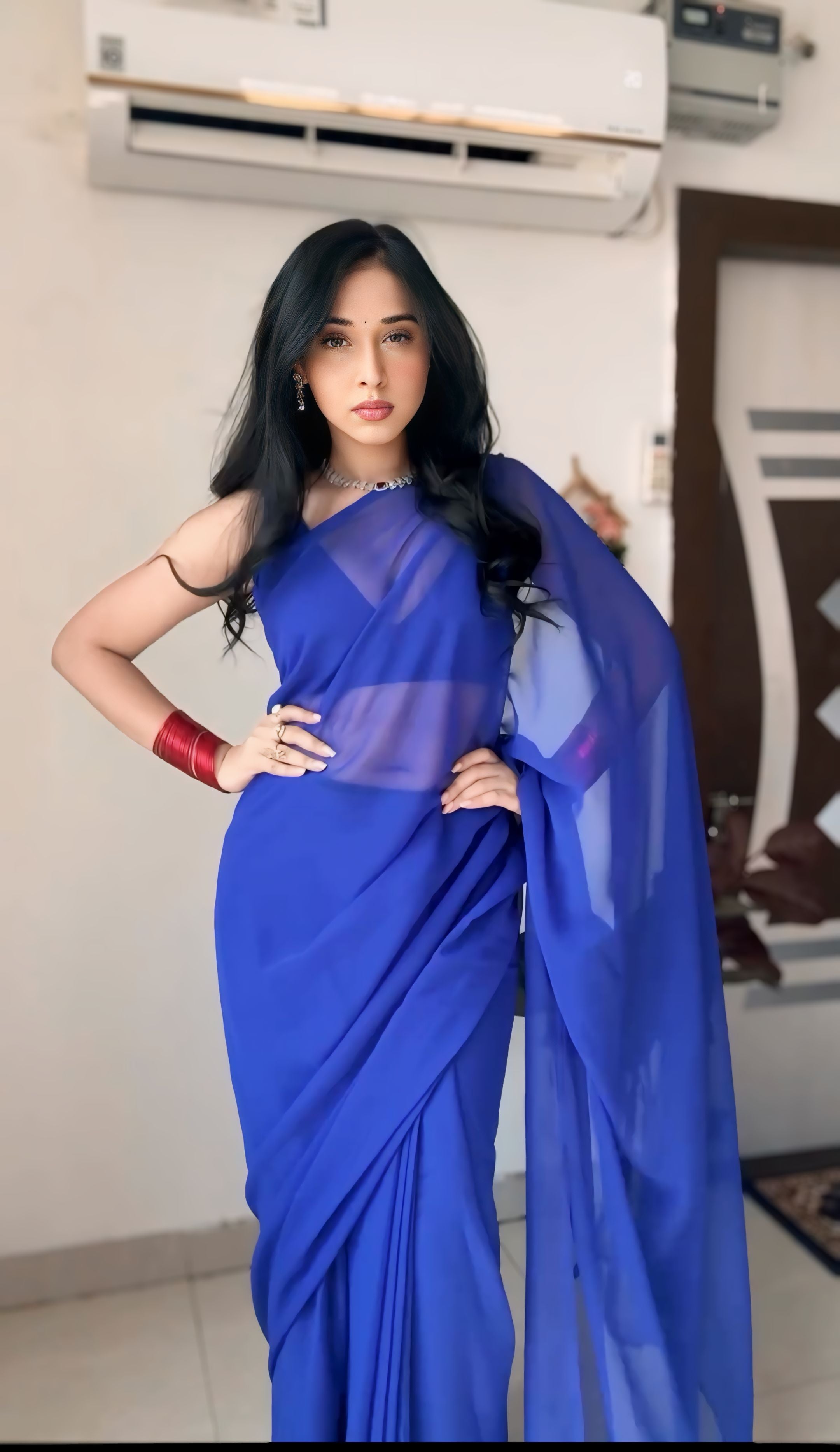 1-Minute Ready To Wear Plain Blue Saree With Unstitched Blouse.