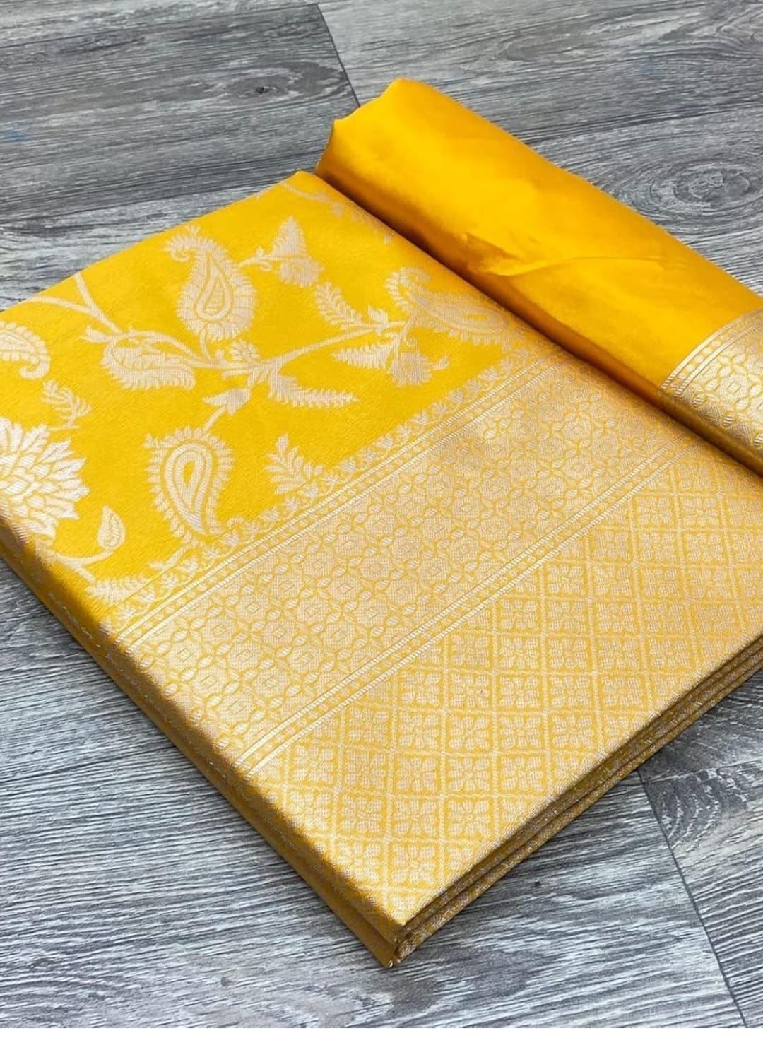 Yellow Golden Silver Design Boarder Chand Banarasi Silk Saree