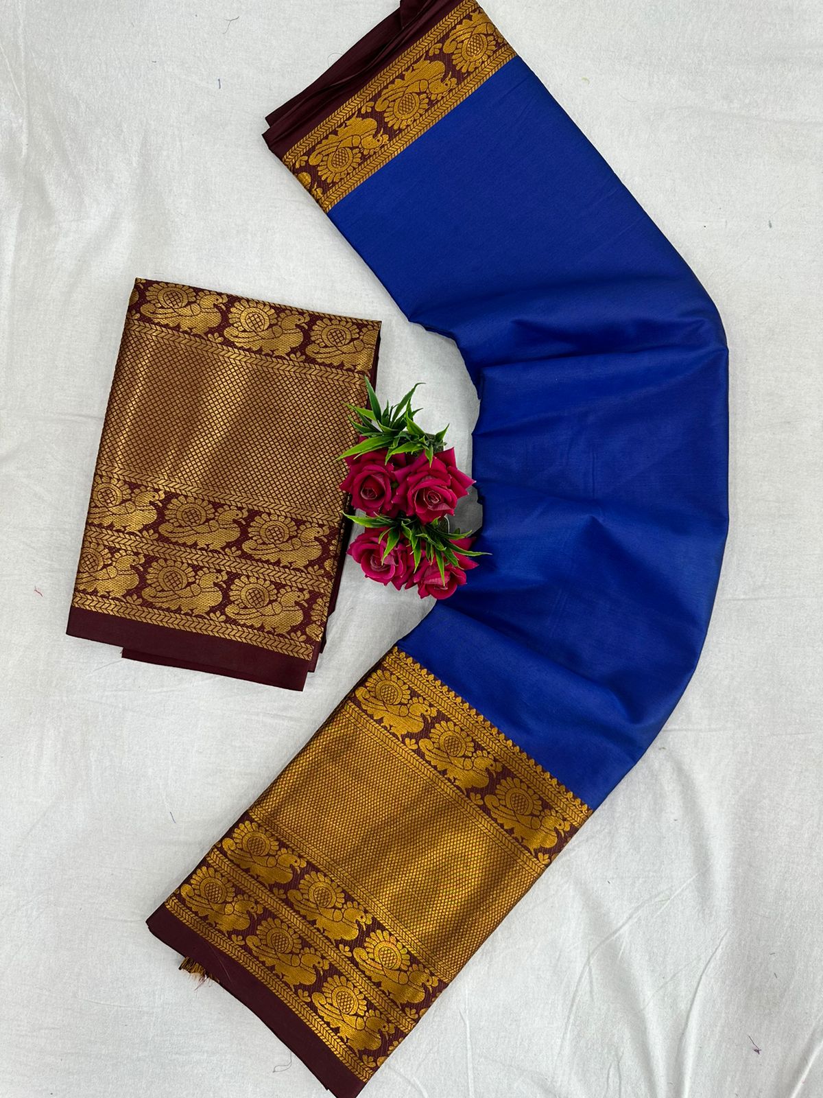 Royal Blue Brown Golden Design Kamini Cotton Silk Saree