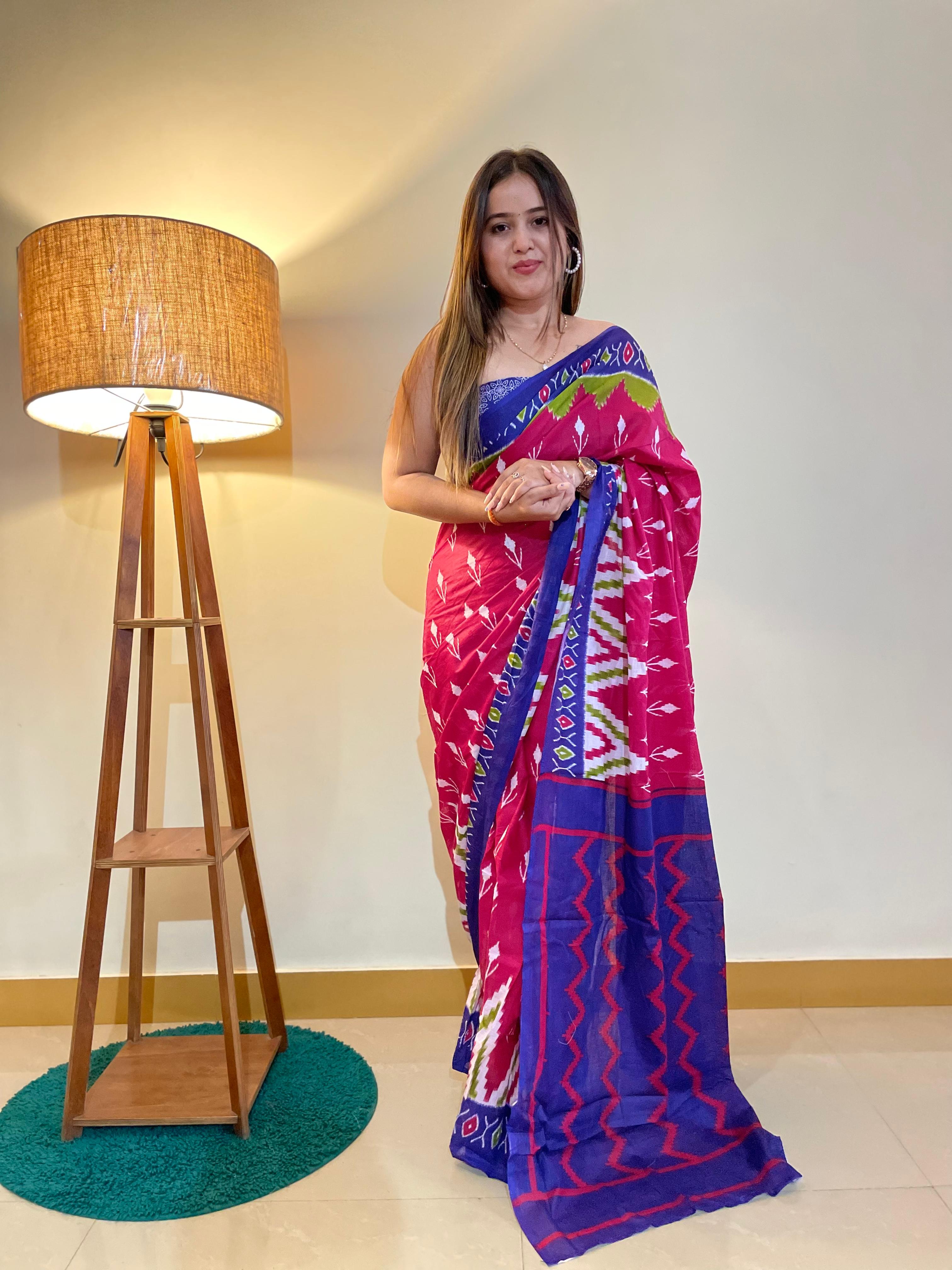 Printed Soft Pure Cotton Saree With Unstitched Blouse.