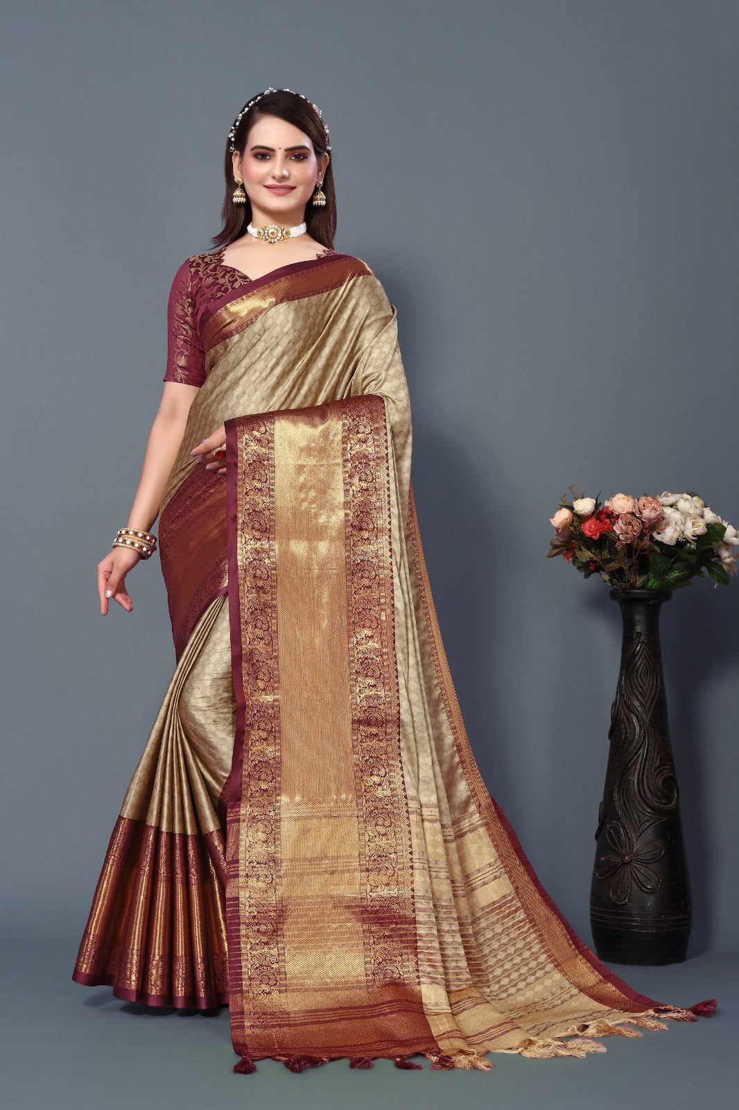 Chiku Brown Copper Design Aura Kanjivaram Silk Saree