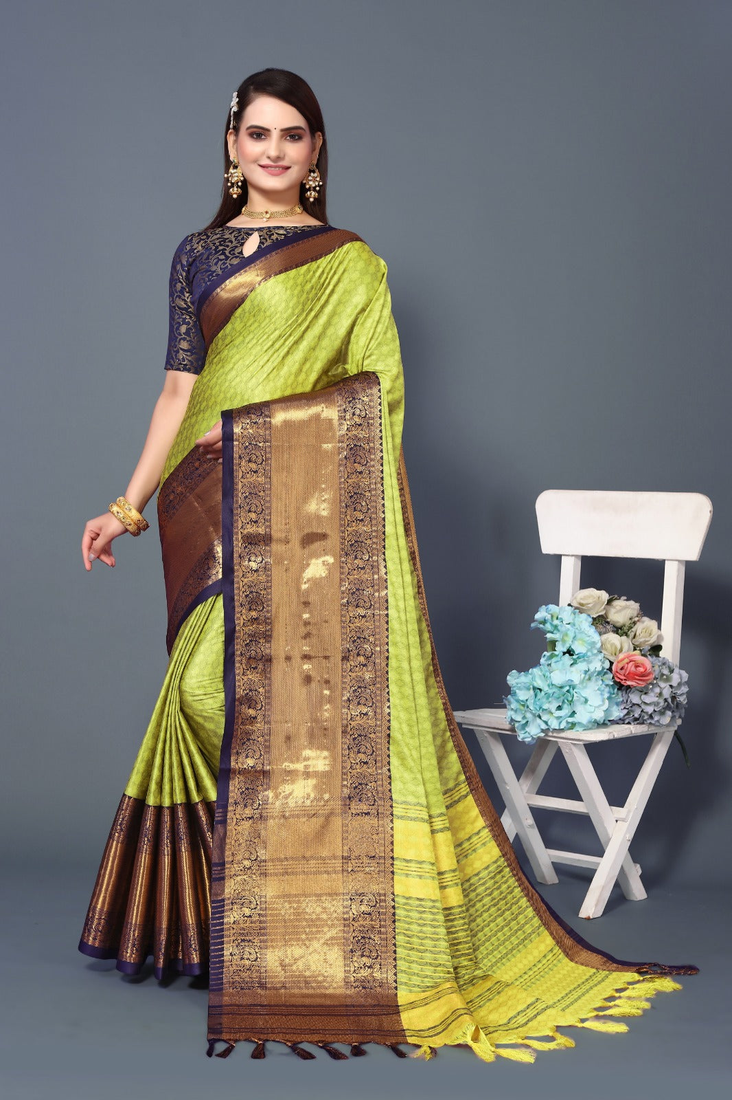 Lemon Blue Copper Design Aura Kanjivaram Silk Saree