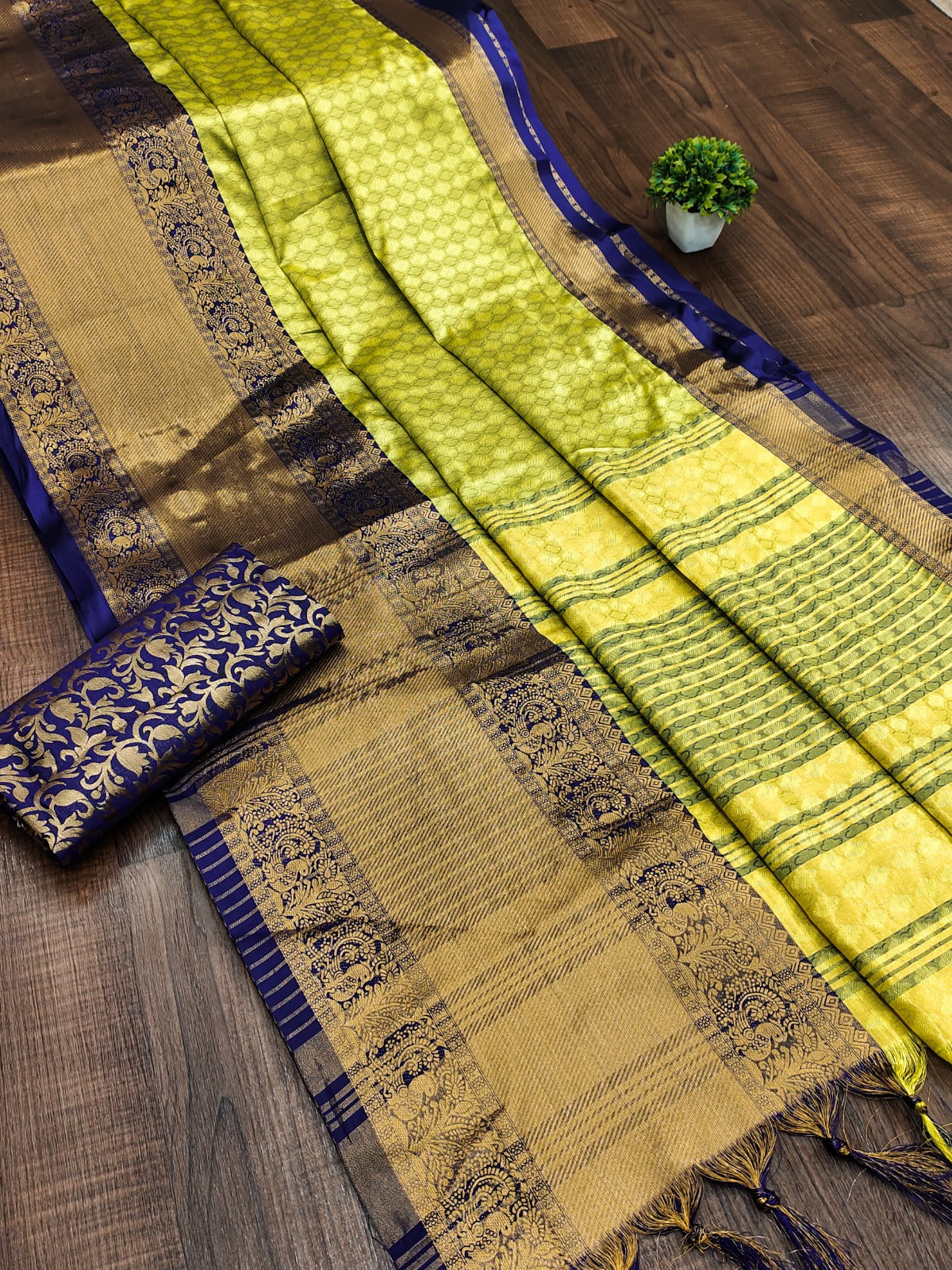 Lemon Blue Copper Design Aura Kanjivaram Silk Saree