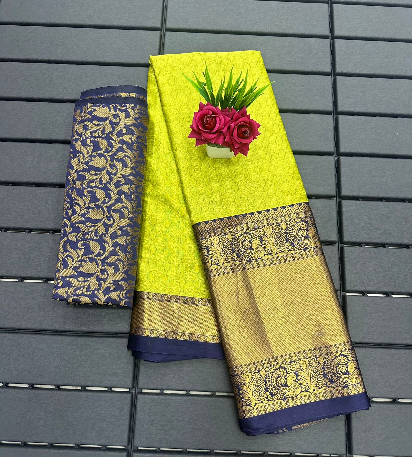 Lemon Blue Copper Design Aura Kanjivaram Silk Saree