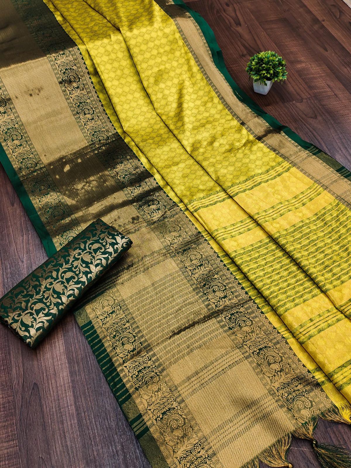 Lemon Green Copper Design Aura Kanjivaram Silk Saree