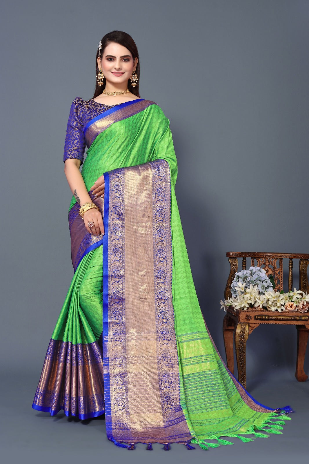 Perrot Blue Copper Design Aura Kanjivaram Silk Saree