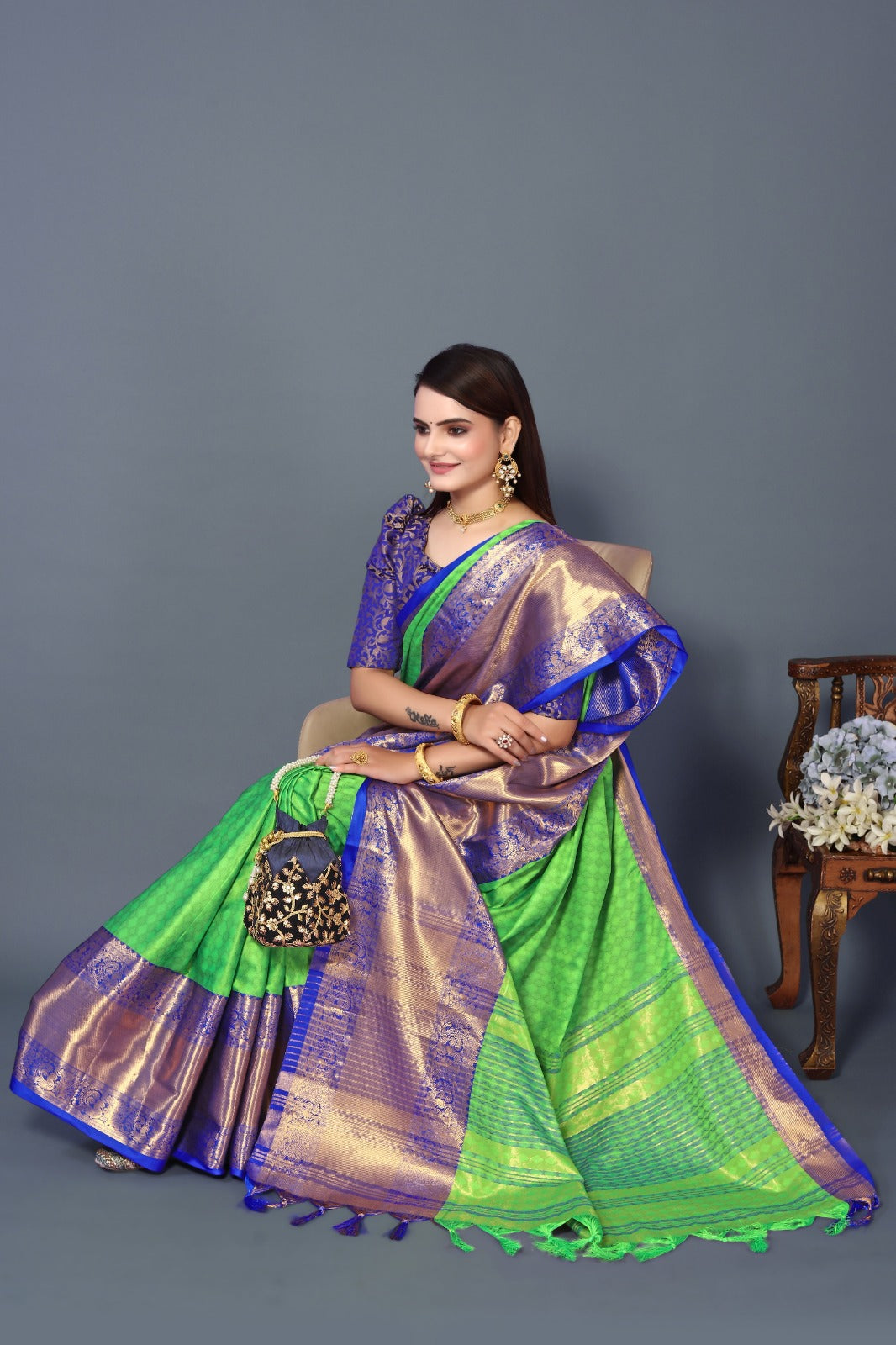 Perrot Blue Copper Design Aura Kanjivaram Silk Saree