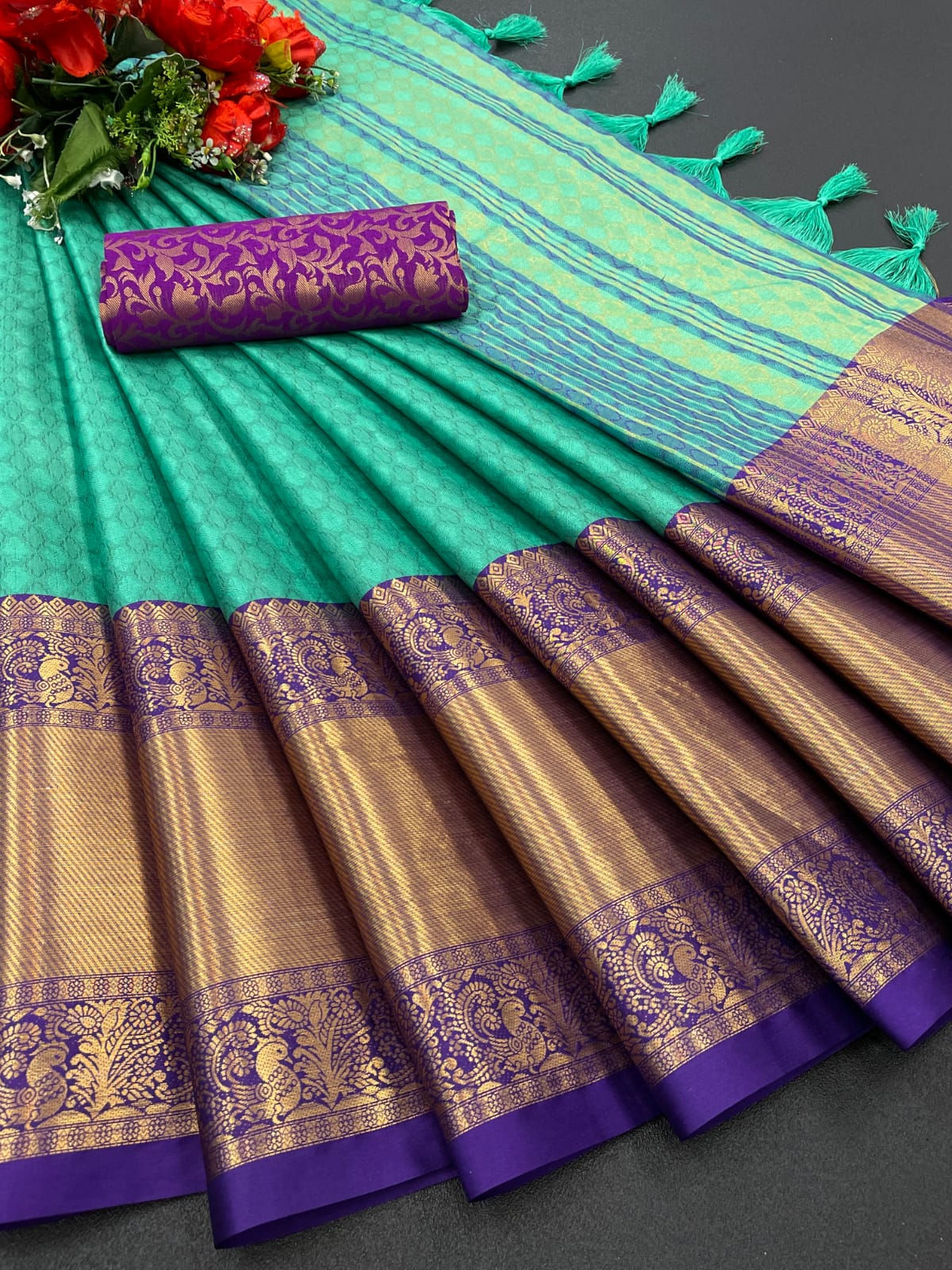 Rama Blue Copper Design Aura Kanjivaram Silk Saree