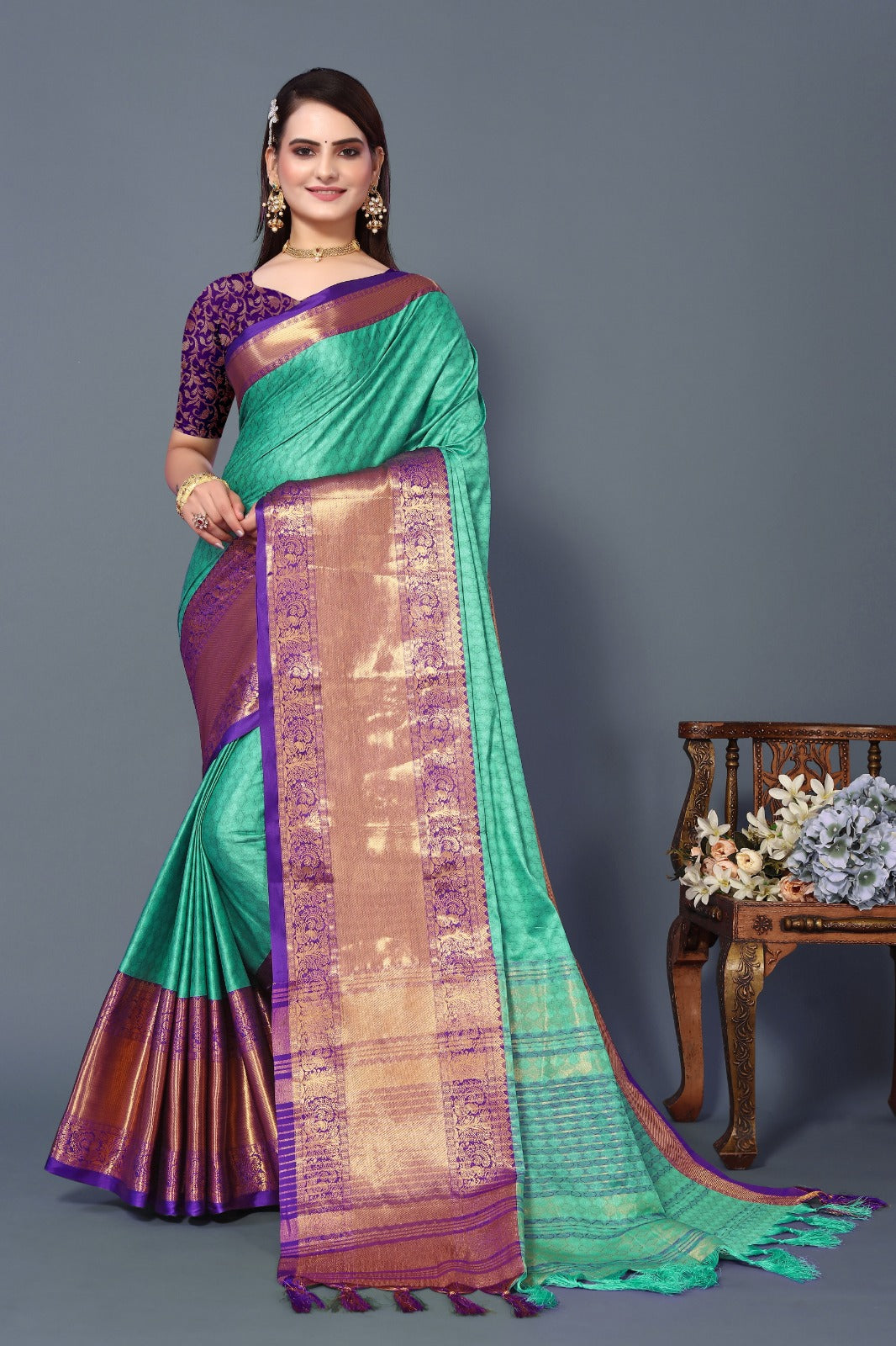 Rama Blue Copper Design Aura Kanjivaram Silk Saree