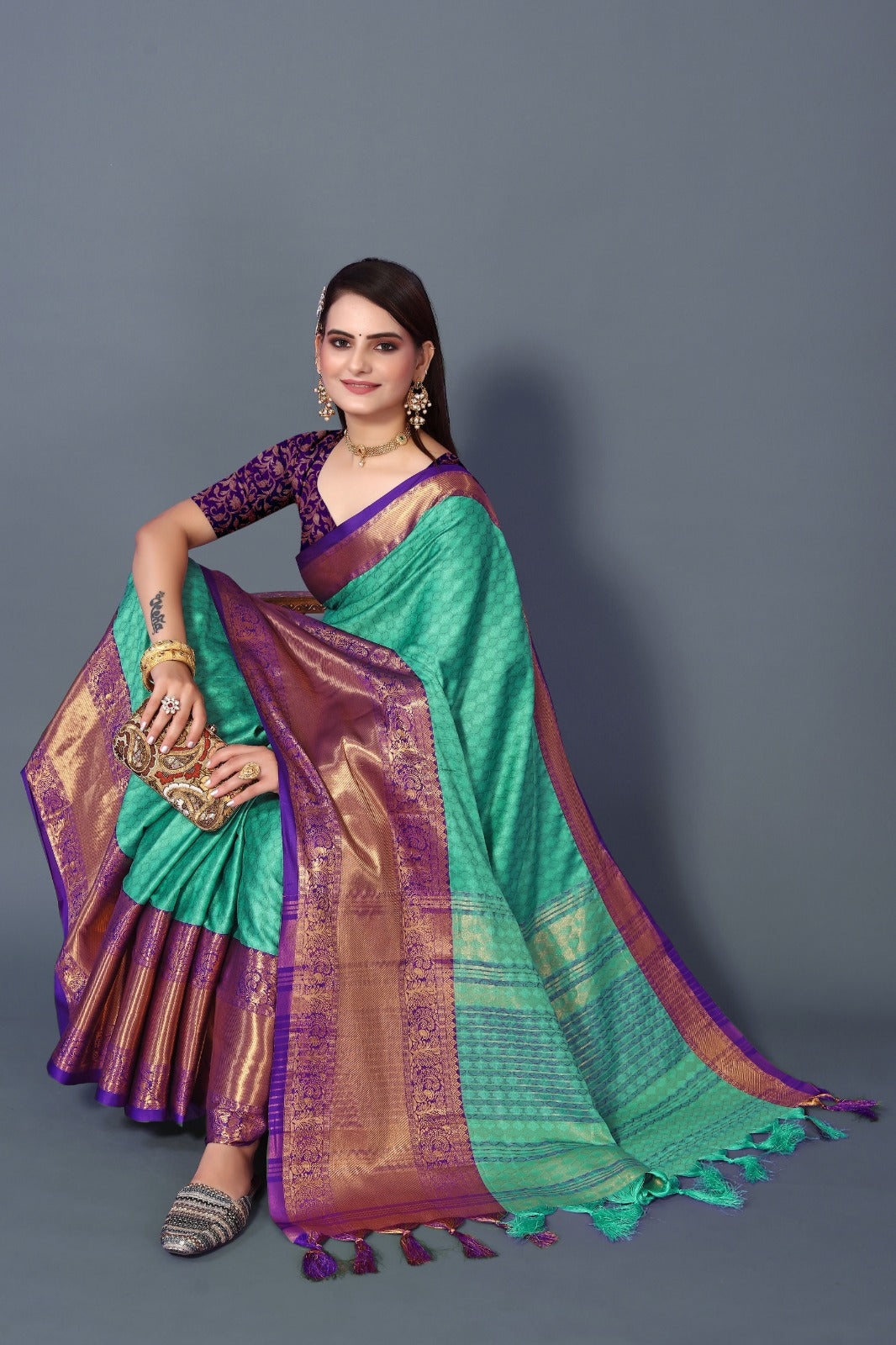 Rama Blue Copper Design Aura Kanjivaram Silk Saree