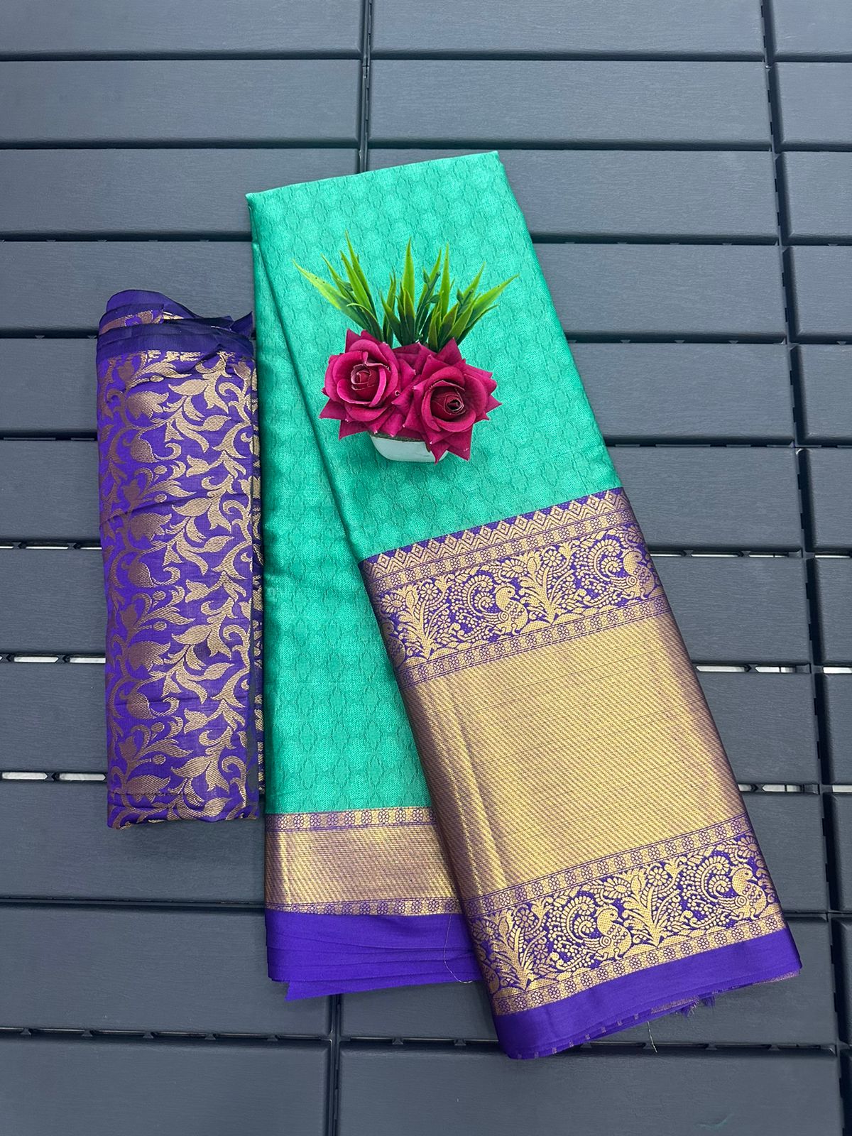 Rama Blue Copper Design Aura Kanjivaram Silk Saree