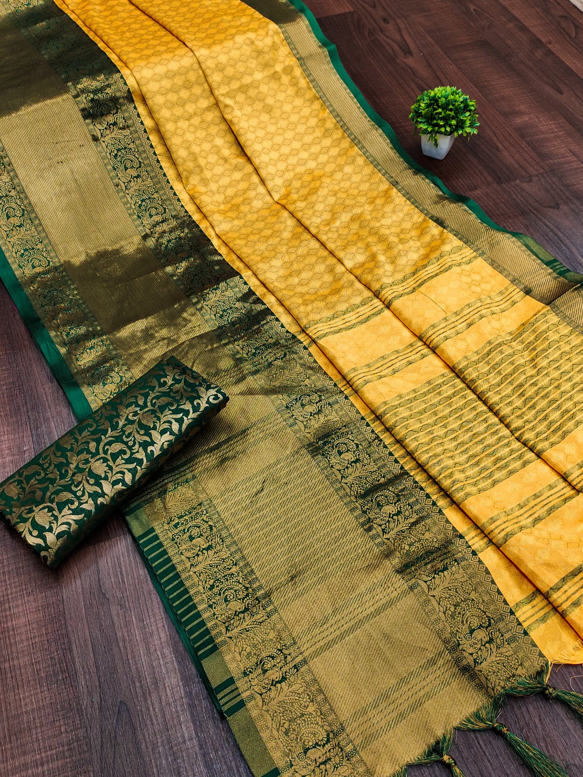 Lemon Green Copper Design Aura Kanjivaram Silk Saree