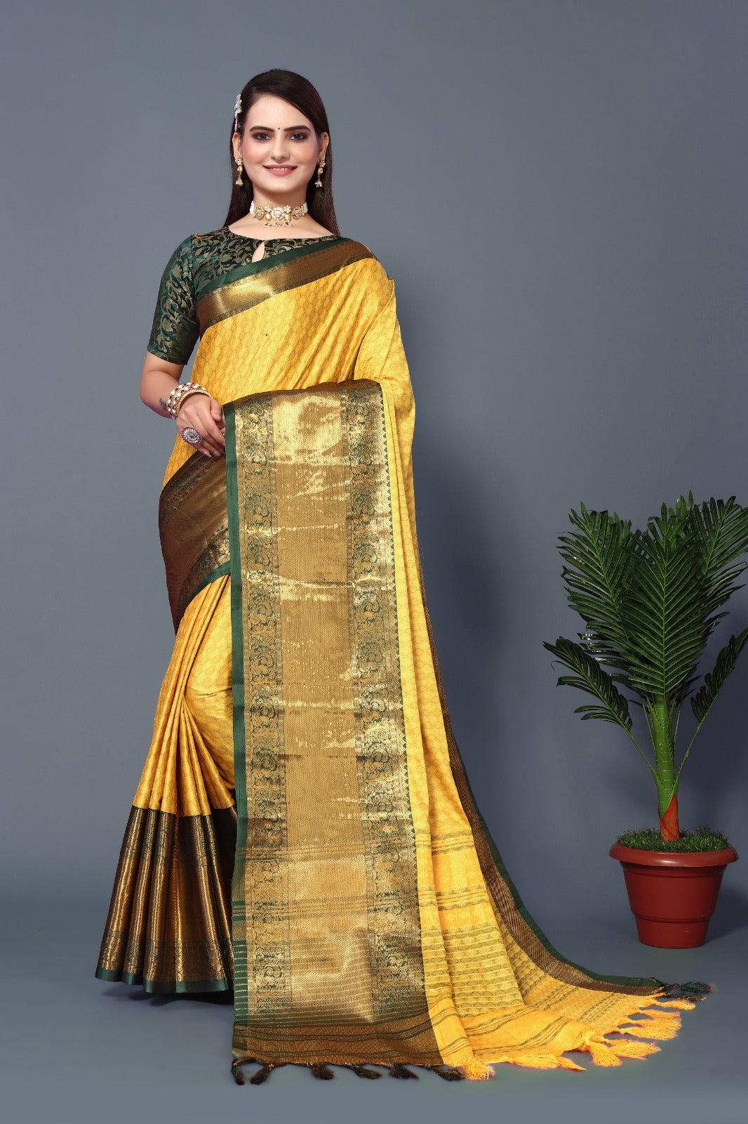 Lemon Green Copper Design Aura Kanjivaram Silk Saree