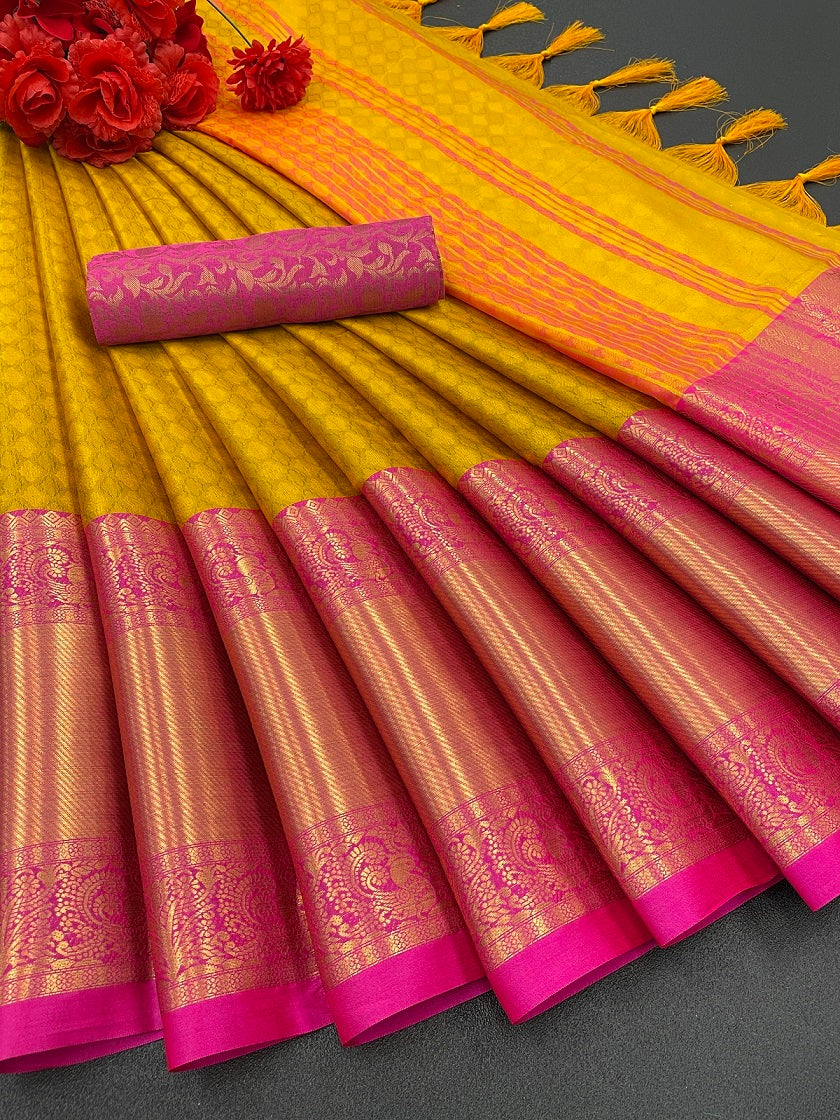 Yellow Pink Copper Design Aura Kanjivaram Silk Saree