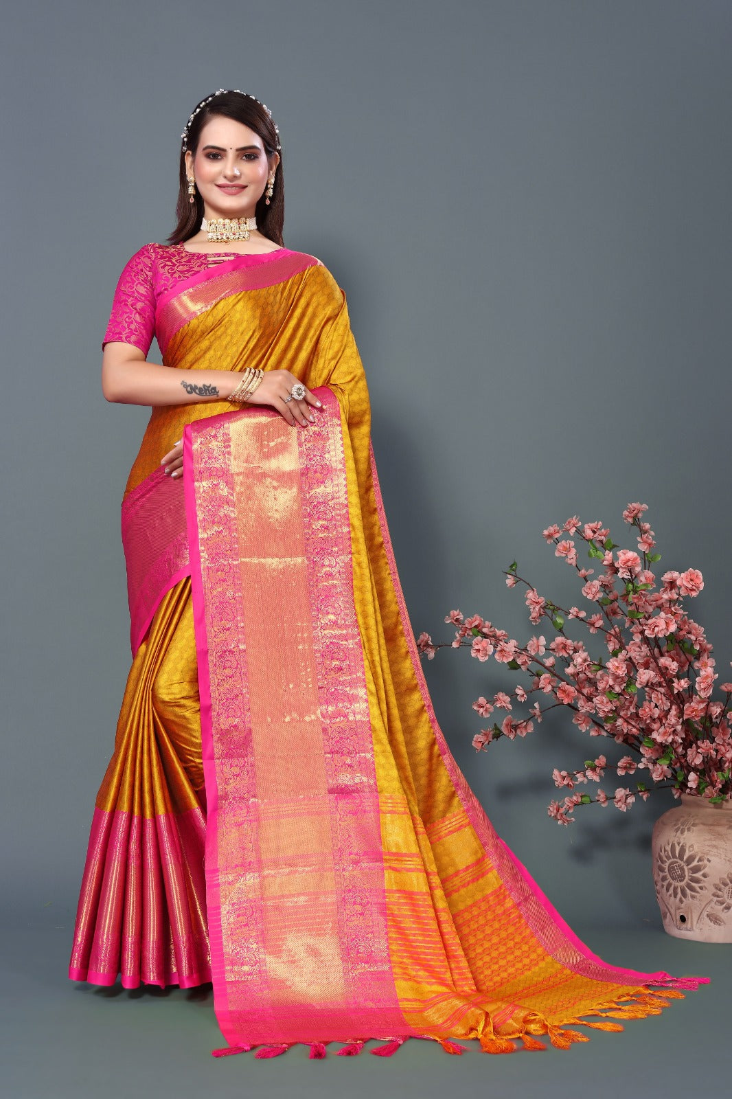 Yellow Pink Copper Design Aura Kanjivaram Silk Saree