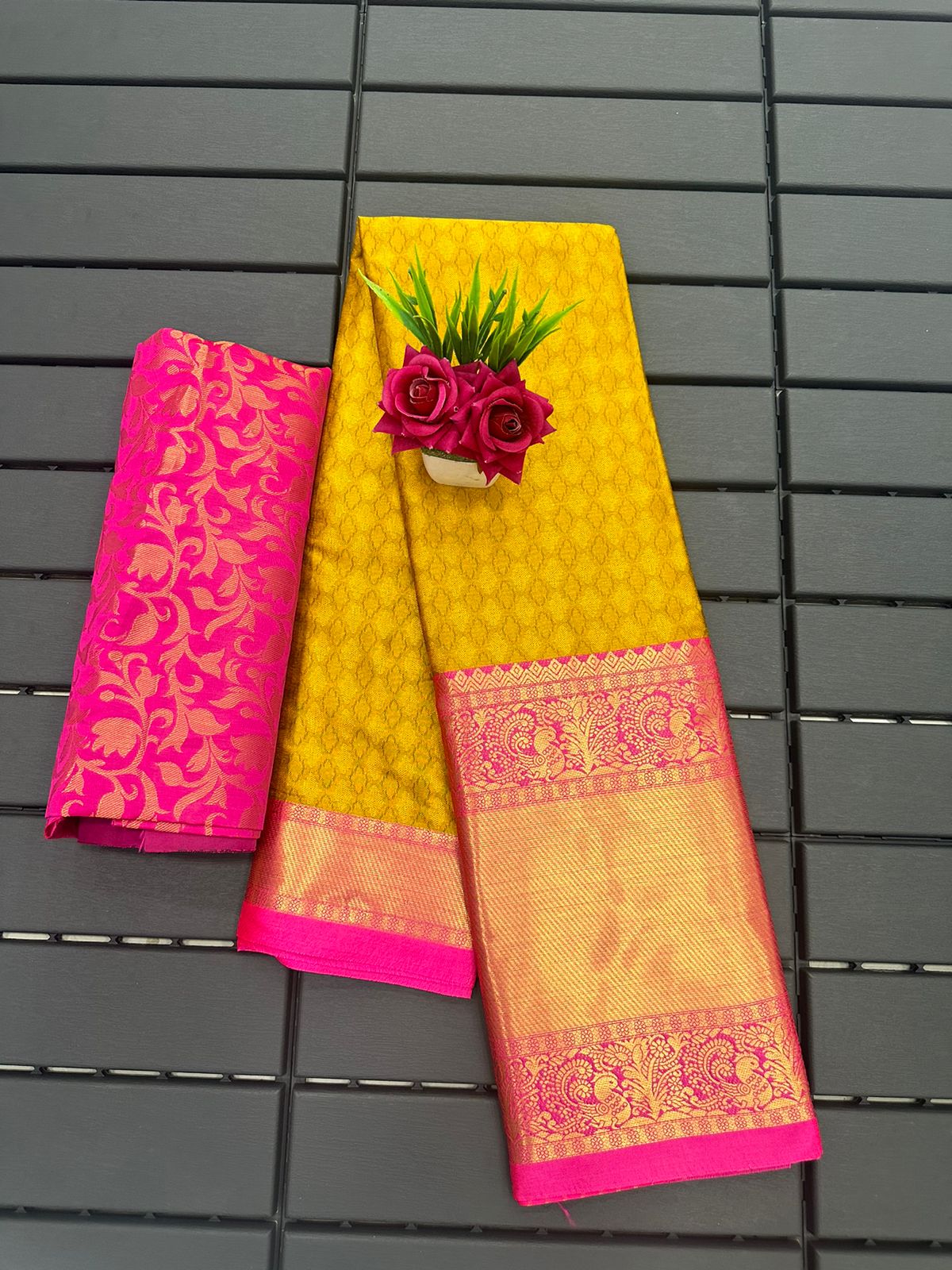 Yellow Pink Copper Design Aura Kanjivaram Silk Saree