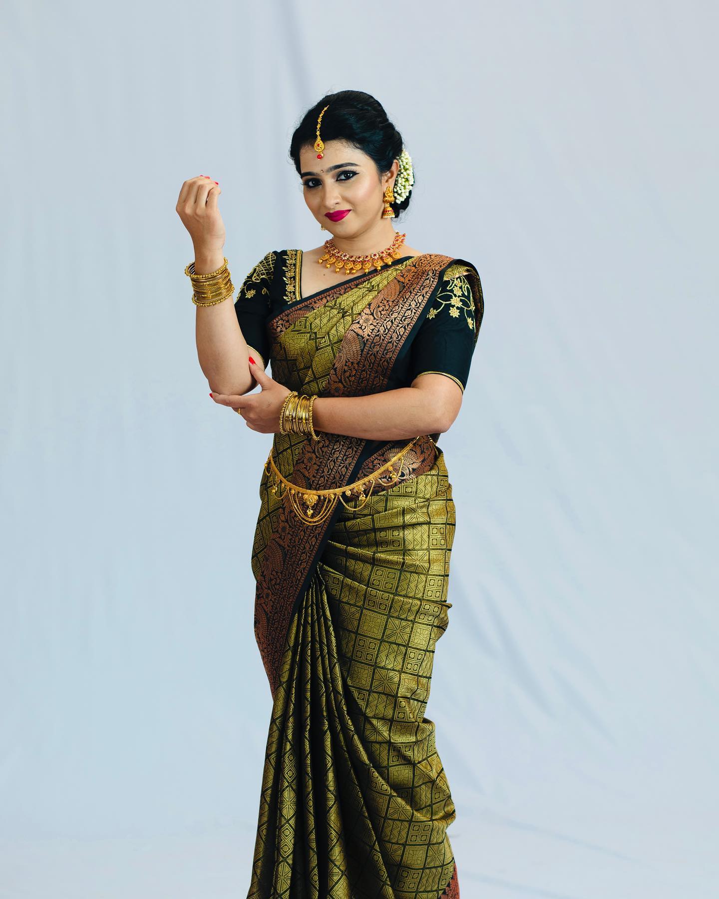 Dark Green Copper Design Satrang Dola Silk Saree