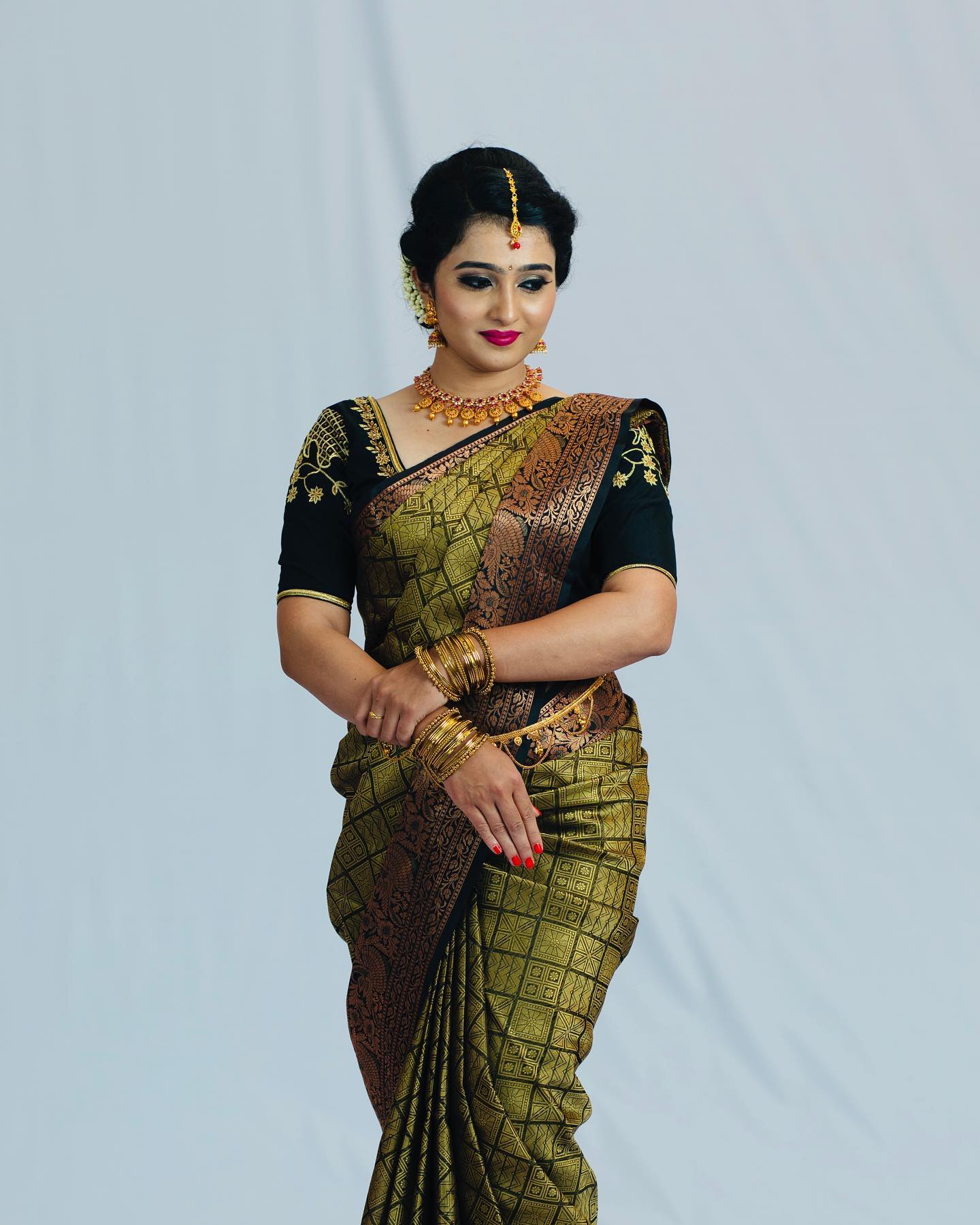 Dark Green Copper Design Satrang Dola Silk Saree