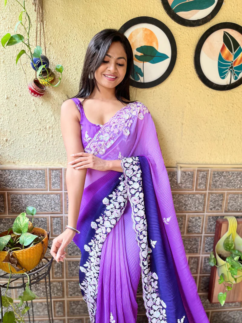 Purpul Crush - Most Beautiful Collection In Georgette With Crush Pattern Fabric With Sequence Embroidery Work Saree Purple CRUSH