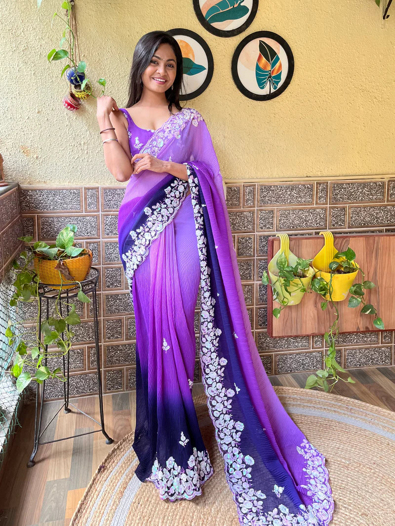 Purpul Crush - Most Beautiful Collection In Georgette With Crush Pattern Fabric With Sequence Embroidery Work Saree Purple CRUSH