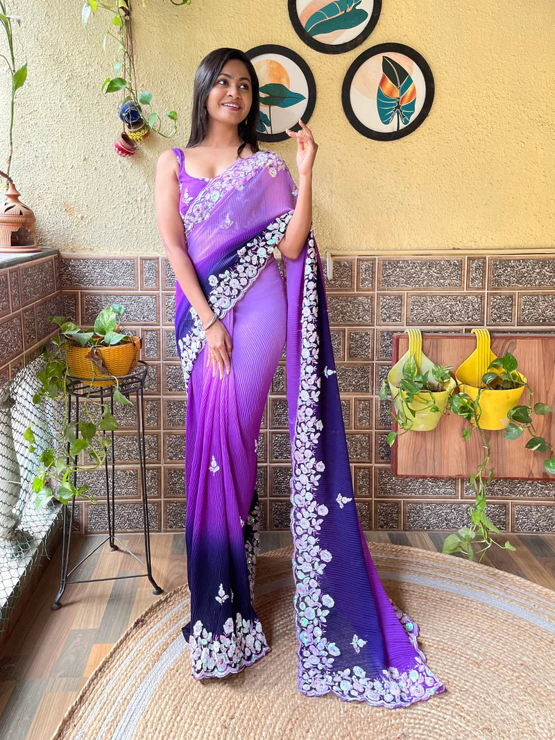 Purpul Crush - Most Beautiful Collection In Georgette With Crush Pattern Fabric With Sequence Embroidery Work Saree Purple CRUSH