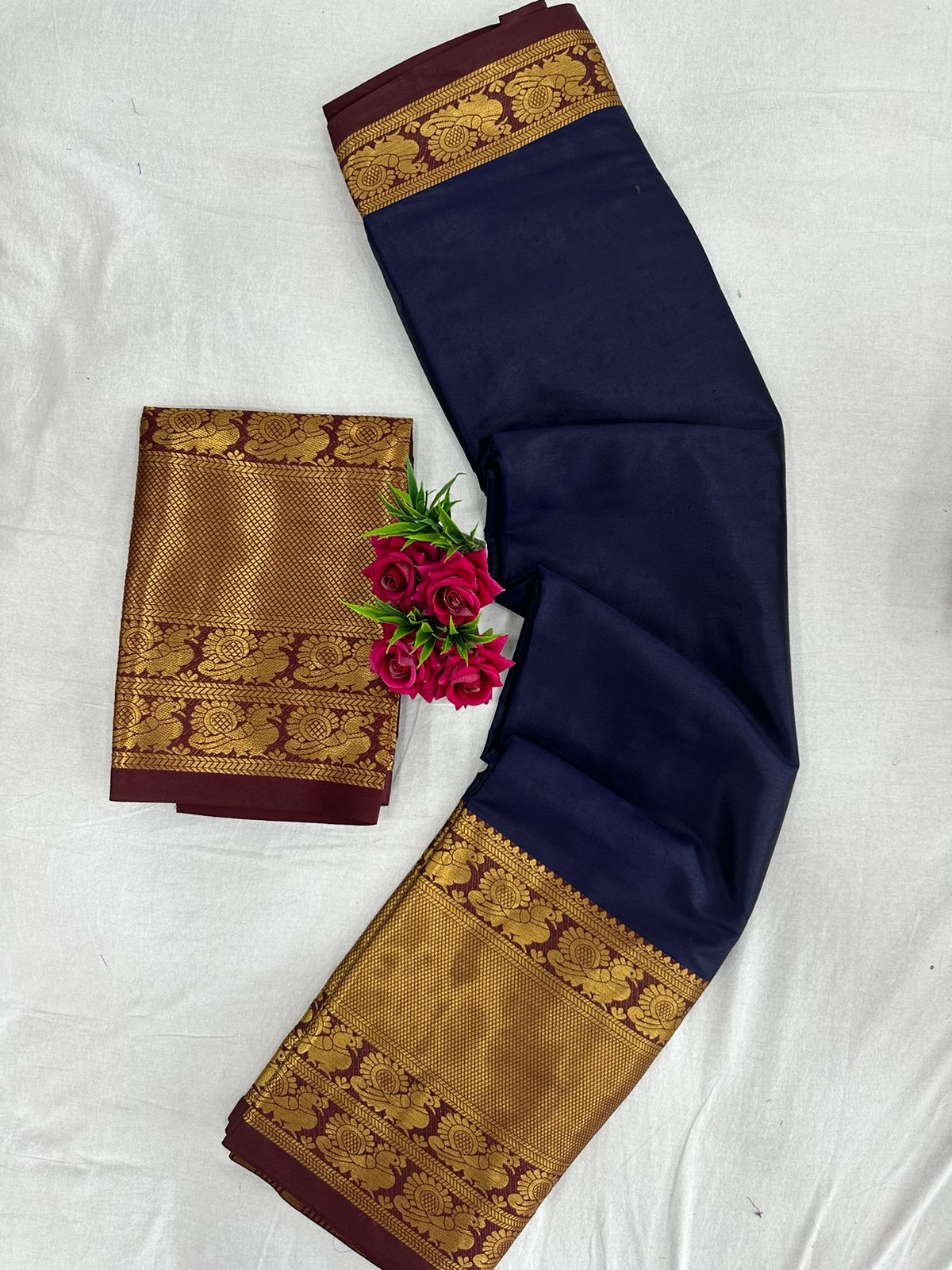 Navy Blue Brown Golden Design Kamini Cotton Silk Saree