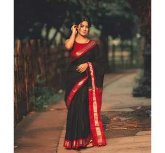 Black and Red Golden Design Makar Cotton Silk Saree