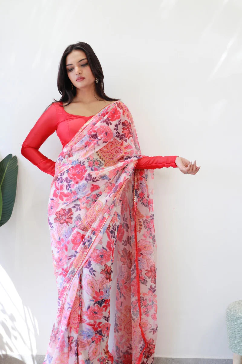 1-Min Ready To Wear Fox Georgette Floral Digital Print Saree With Unstitch Blouse