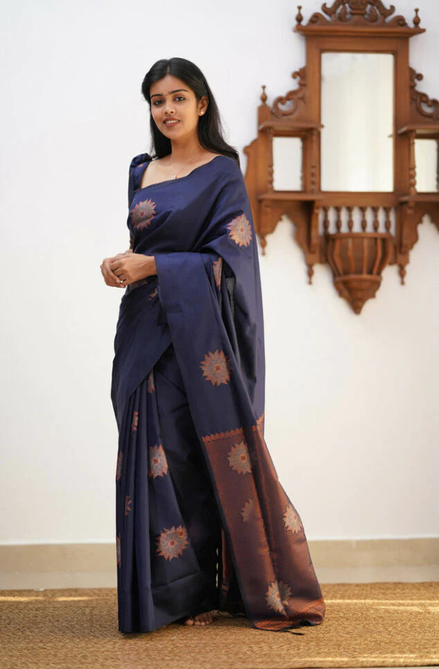 Blue Yellow Design Boarder Chakri Dola Silk Saree