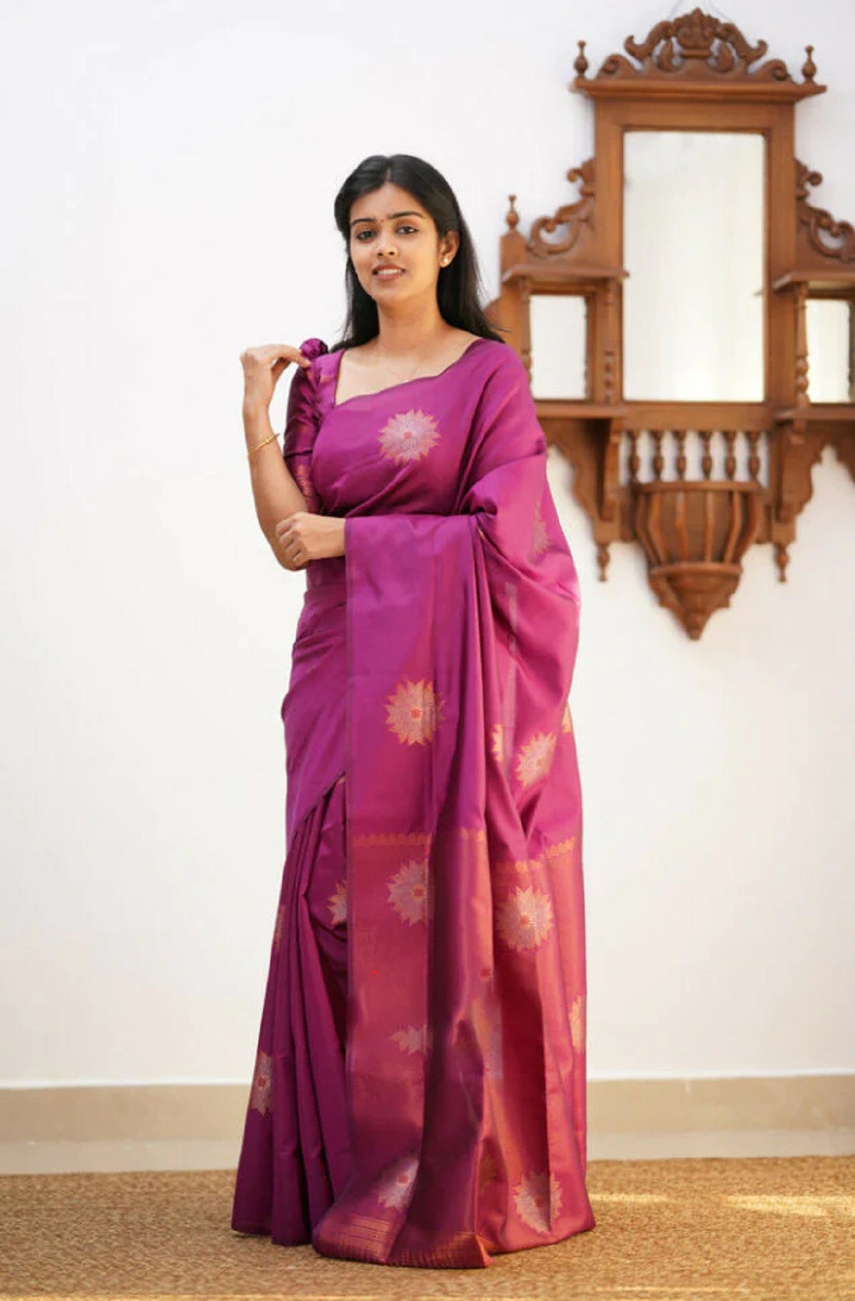 Purple Yellow Design Boarder Chakri Dola Silk Saree