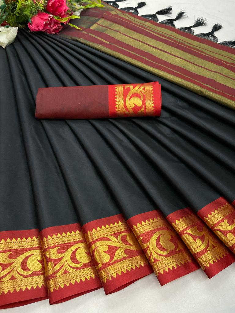 Black and Red Golden Design Makar Cotton Silk Saree