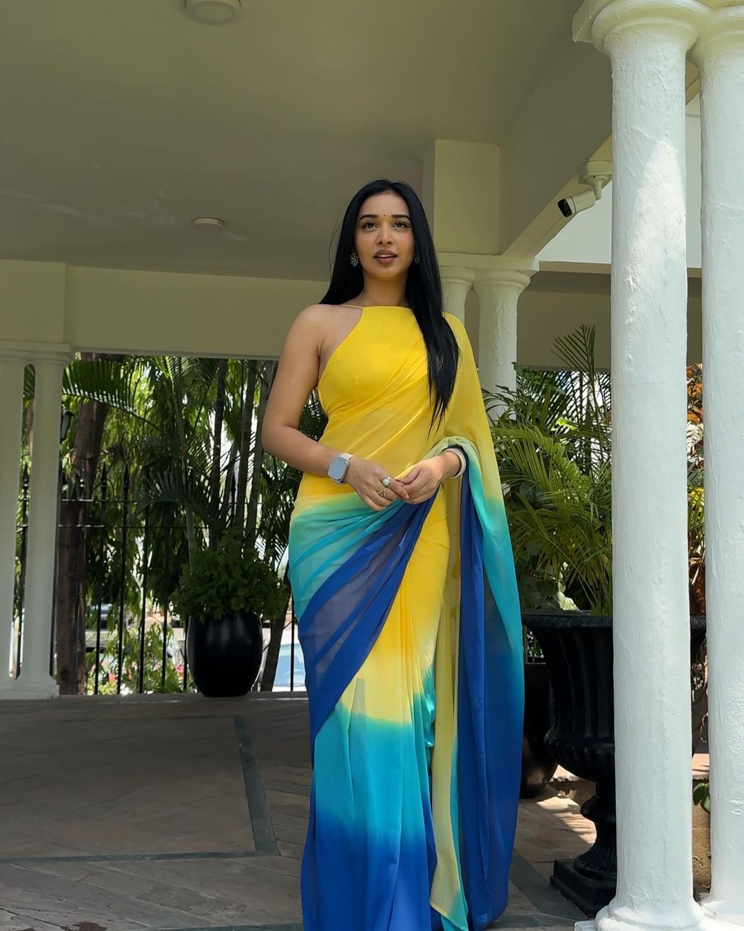 1-Minute Ready To Wear Yellow and Blue Georgette Saree With Unstitched Blouse.