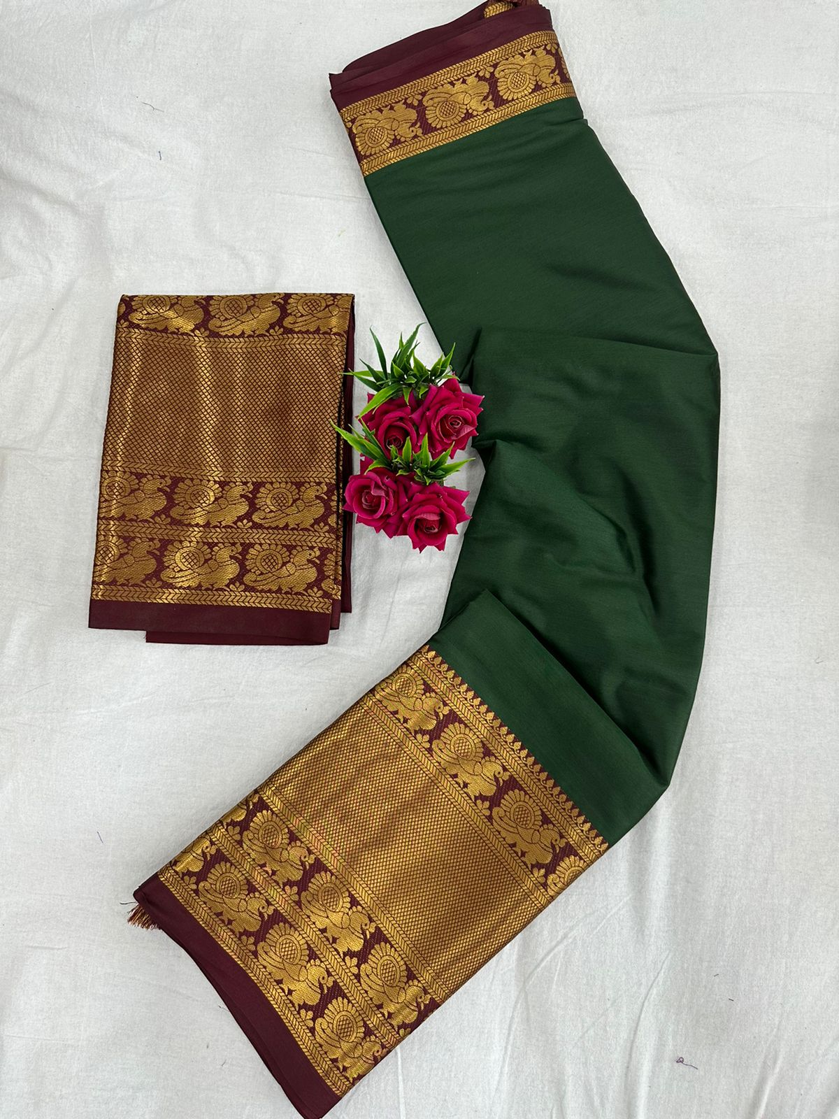 Green Brown Golden Design Kamini Cotton Silk Saree